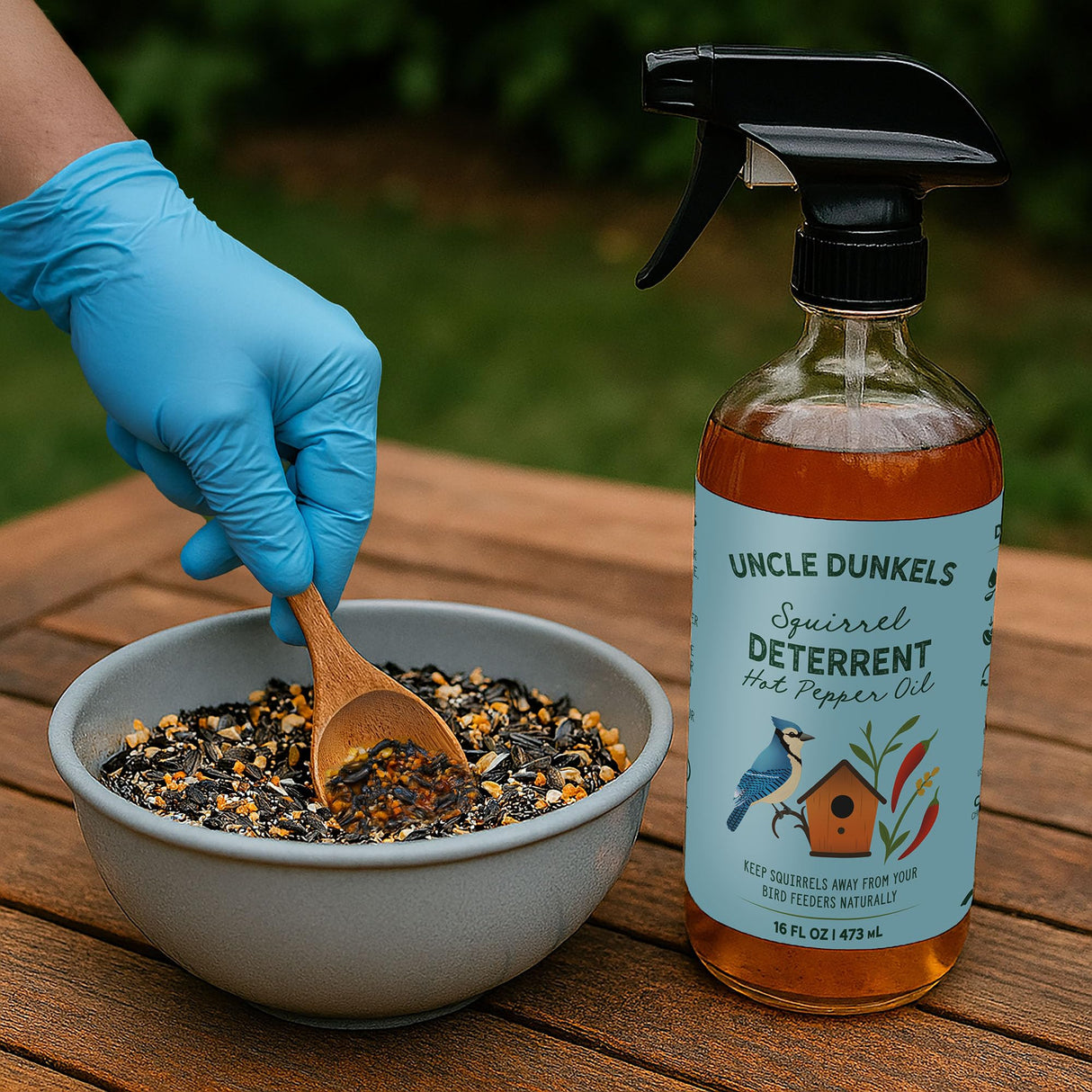 Uncle Dunkels Spicy Hot Pepper Squirrel Deterrent (16 fl Oz) – All-Natural, Food-Grade Hot Pepper Bird Seed Coating, Repels Squirrels, Safe for Birds, Made in USA