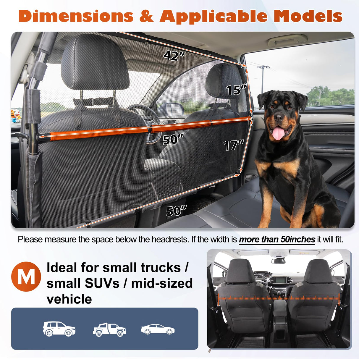 Furggis Dog Barrier for Car, 50" Wide SUV Dog Barrier for Cargo Area & 2nd 3rd Row Seats, Sturdy Dog Barrier for Small SUV & Truck with See-Through Net Mesh, Back Seat Divider for Mid-Sized Vehicle