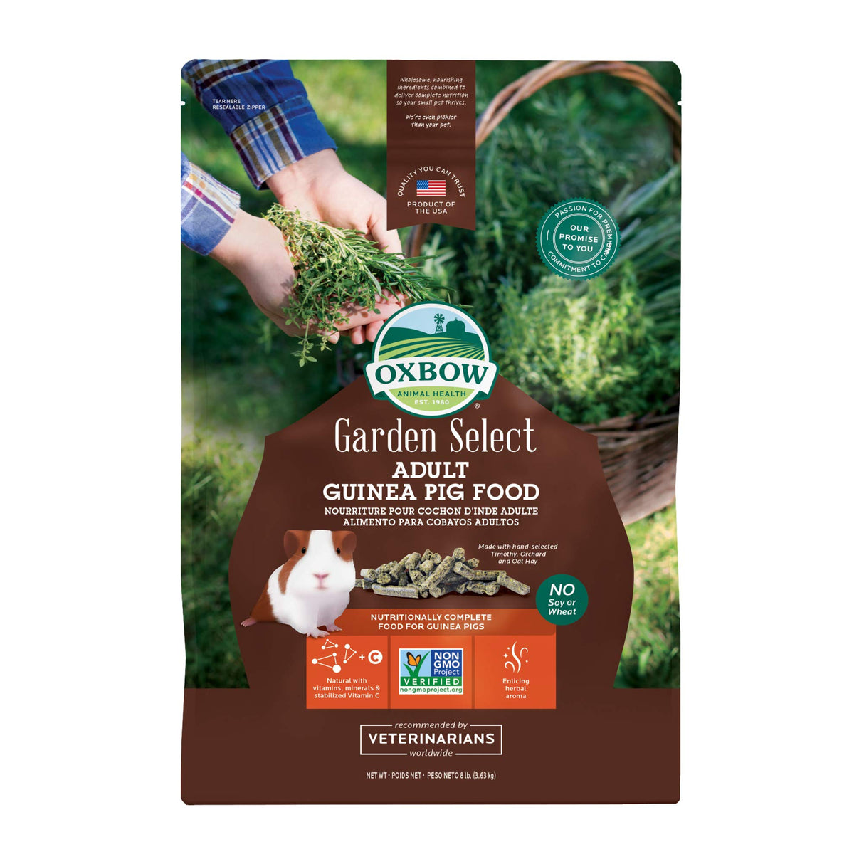 Oxbow Garden Select Guinea Pig Food, Adult, Made with Oxbow Timothy Hay for Guinea Pig, Pet Food Pellets with Vitamin C, Non-GMO, Small Animal Pet Products, Made in USA, High Fiber, 8 lb. Bag