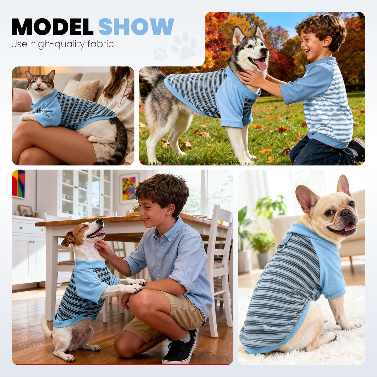 Fleece Dog T-Shirt with Leash Ring Lightweight Stretchy Dogs Clothes Striped Short Sleeves Pet Sweatshirt Soft Dog Shirts for Large Dogs Border Collie,Golden Retriever,Doberman(Blue,6X-Large)