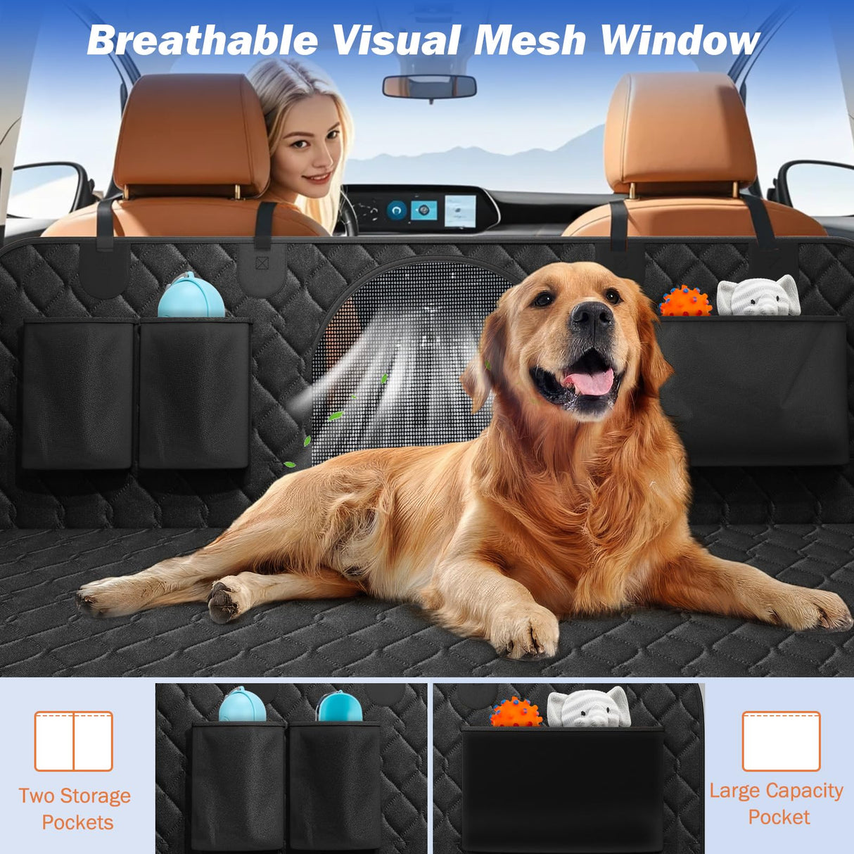 Tivray Back Seat Extender for Dogs, Dog Car Seat Cover for Back Seat Hard Bottom - Holds 330lbs Waterproof Cover for Dogs with Mesh Window & Pocket, Dog Hammock for Car, Small Truck, Black + Black