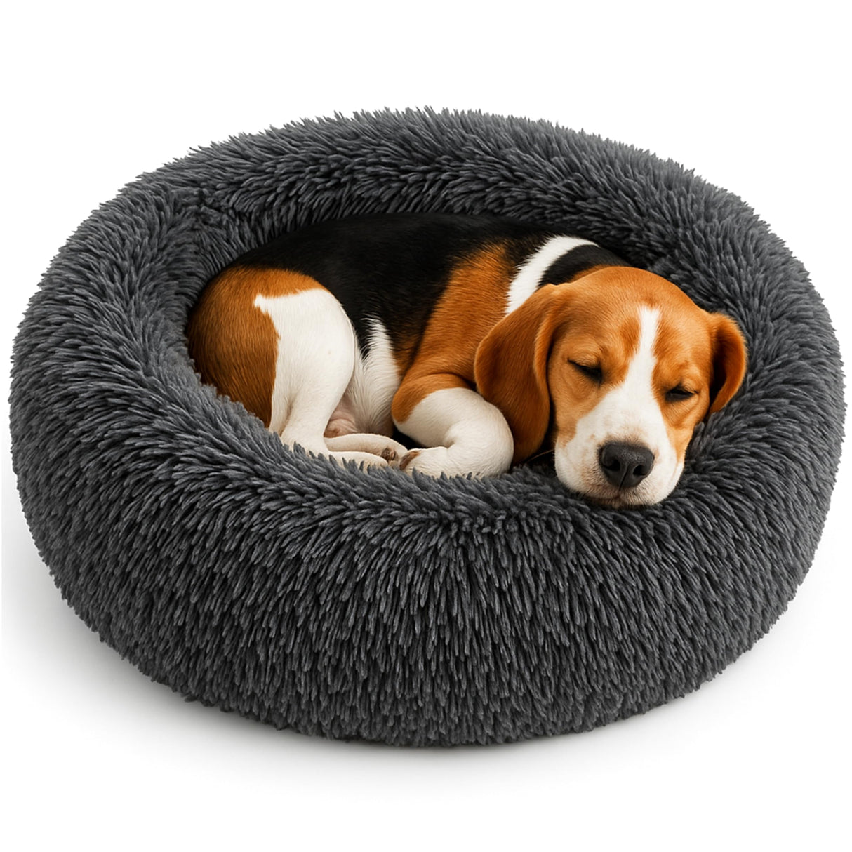 Calming Dog Bed - Fluffy Donut Cuddler for Anxiety Relief, Orthopedic Pet Bed with Non-Slip Bottom, Cozy Round Faux Fur Nest for Dogs and Cats, Plush Crate Mat for Comfort (Dark Grey, Medium)