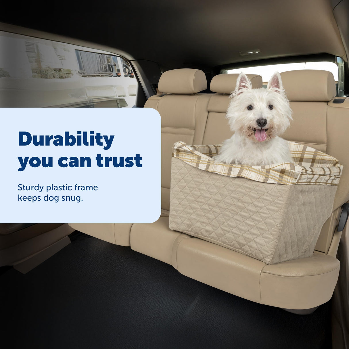 PetSafe Happy Ride Quilted Dog Safety Seat - Dedicated Pet Car Seat for Safer Travel - Elevated Pet Booster for Window Views - Machine Washable Removable Cover - Fits Most Cars