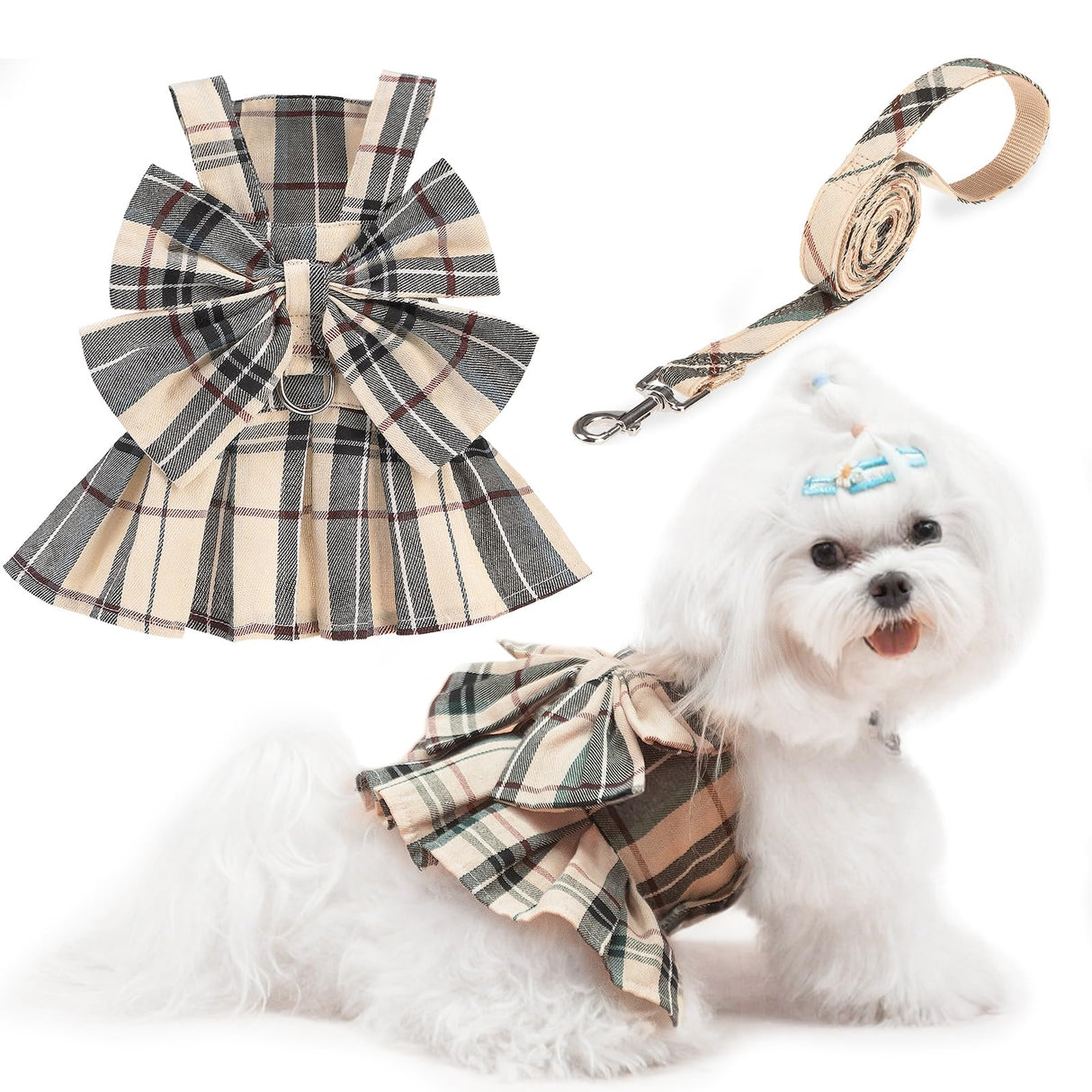 PUPTECK Plaid Dog Dress with Leash - Cute Puppy Harness Clothes for Small Medium Sized Dogs, Outfits for Girl Puppy Wedding Birthday Costume