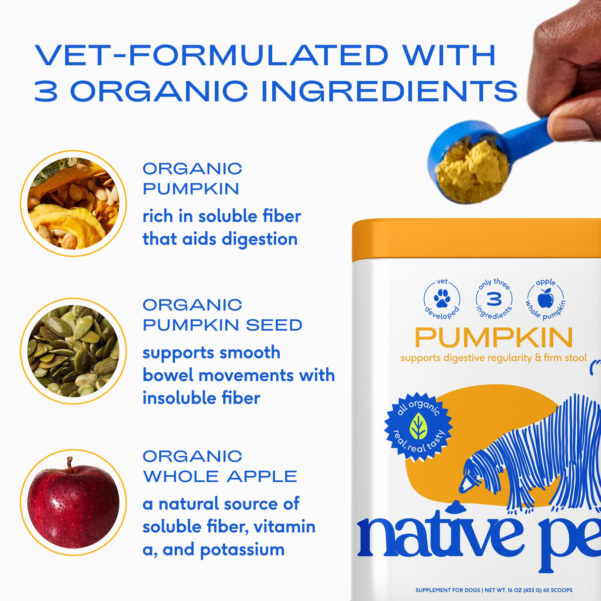 Native Pet Pumpkin for Dogs - Organic Powder Pumpkin Puree Dog Food Toppers-Rich in Fiber Supplement Powder Helps with Digestion, Nutrient Absorption, Diarrhea, Constipation & Upset Stomach-120 Scoops