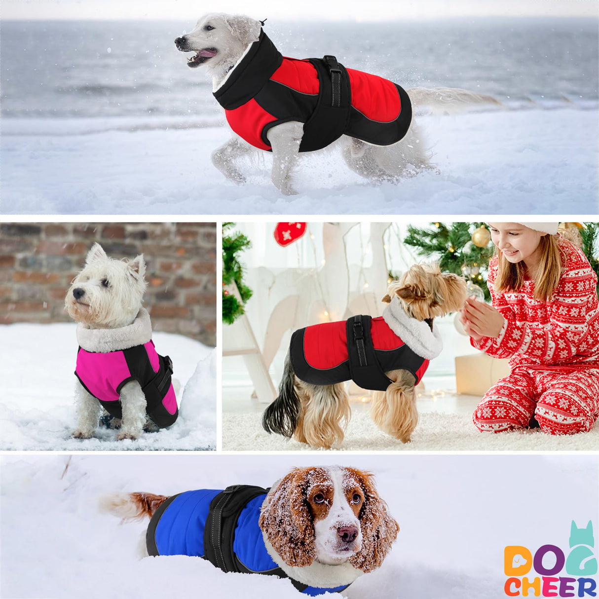 Dogcheer Dog Coat, Christmas Dog Jacket, Waterproof Turtleneck Puppy Winter Coat, Adjustable Pet Puffer Jacket, Reflective Warm Fleece Coats for Small Medium Large Dogs - Red, XL
