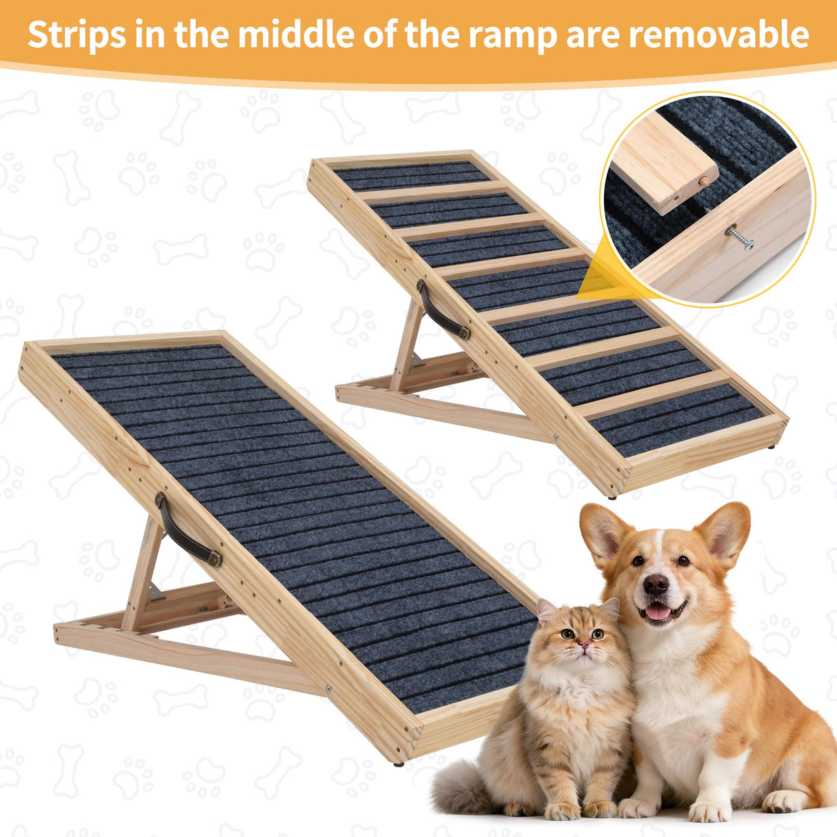 Dog Ramp for Bed, Couch- Upgraded Non-Slip Wooden Pet Ramp with Sturdy Construction, 4 Adjustable Heights (16" to 22"), Supports 132 lbs for Small & Medium Dogs