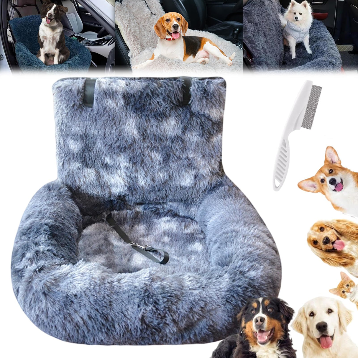 Luxurious Car Bed Travel Safety Kit, Ultra Soft Comfort Calming Dog Bed for Car Seat, Portable Washable Durable Plush Pet Cushion for Small Medium Dogs Cats (Dark Gray,23.6 * 27.5in)