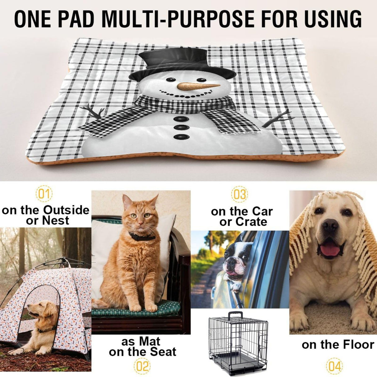 Coikll Snowman with A Black and White Plaid Pet Bed Pad Soft Dog Bed Mat with Anti-Slip Bottom, Machine Washable Crate Pad Mattress for Dog Sleeping- 24 * 18 inches