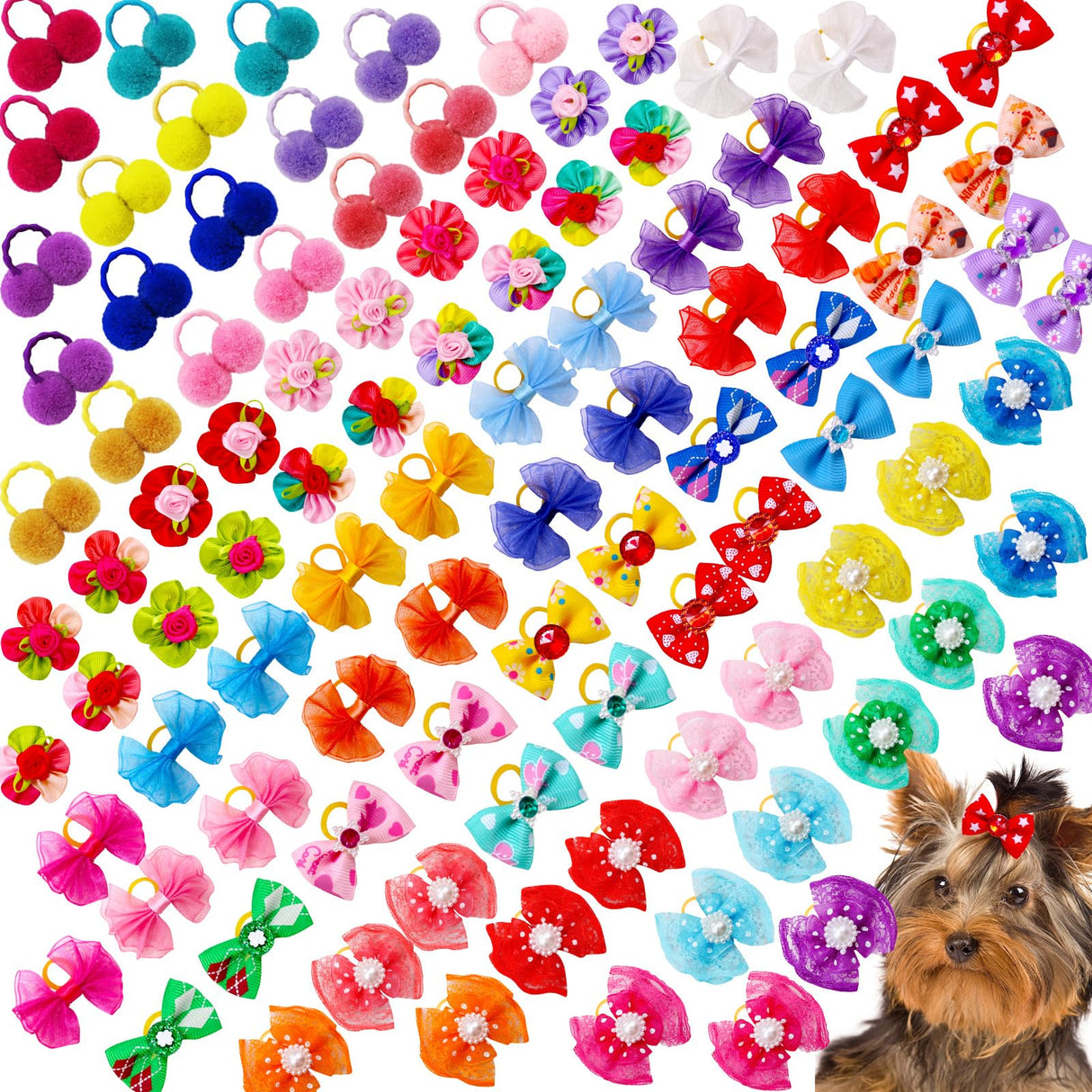 Mruq pet 100pcs Dog Hair Bows, Bulk Cute Puppy Pet Small Dog Hair Bows with Rubber Bands, Mix Handmade Flower Puff Ball Rhinestone Pearls Dog Bows, Yorkie Dog Bows for Dog Hair Grooming Accessories