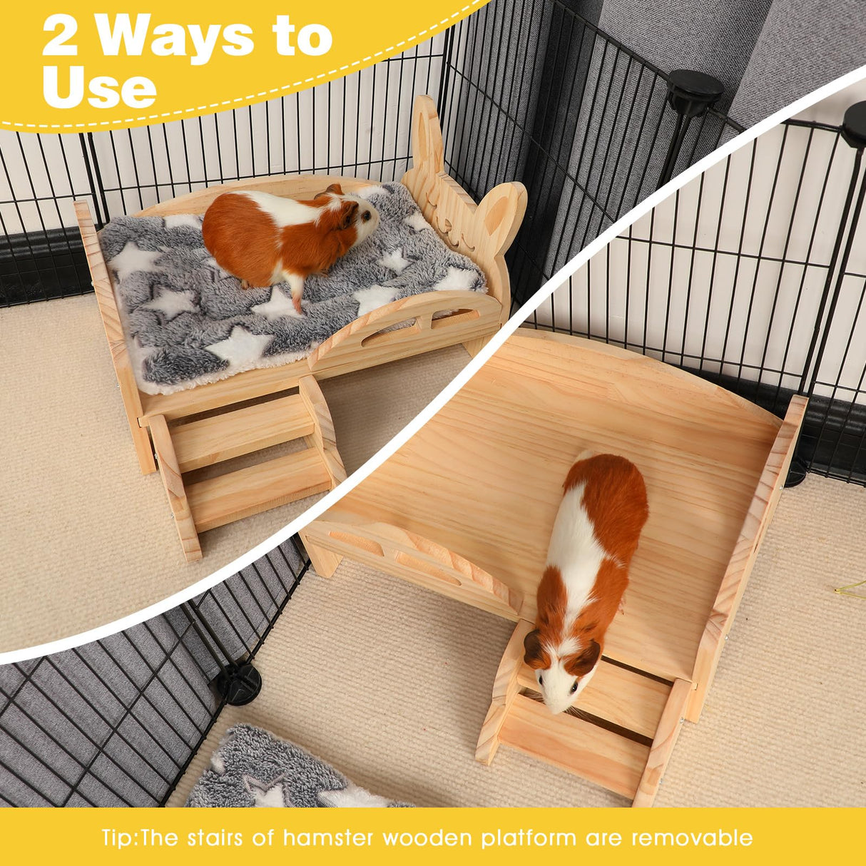 Rypet Wooden Guinea Pig Bed with Stairs and Mat Cozy Small Animals Cushion Bed Detachable Small Pet Hut Habitats for Guinea Pig Dwarf Rabbit Chinchillas Hamster Ferret