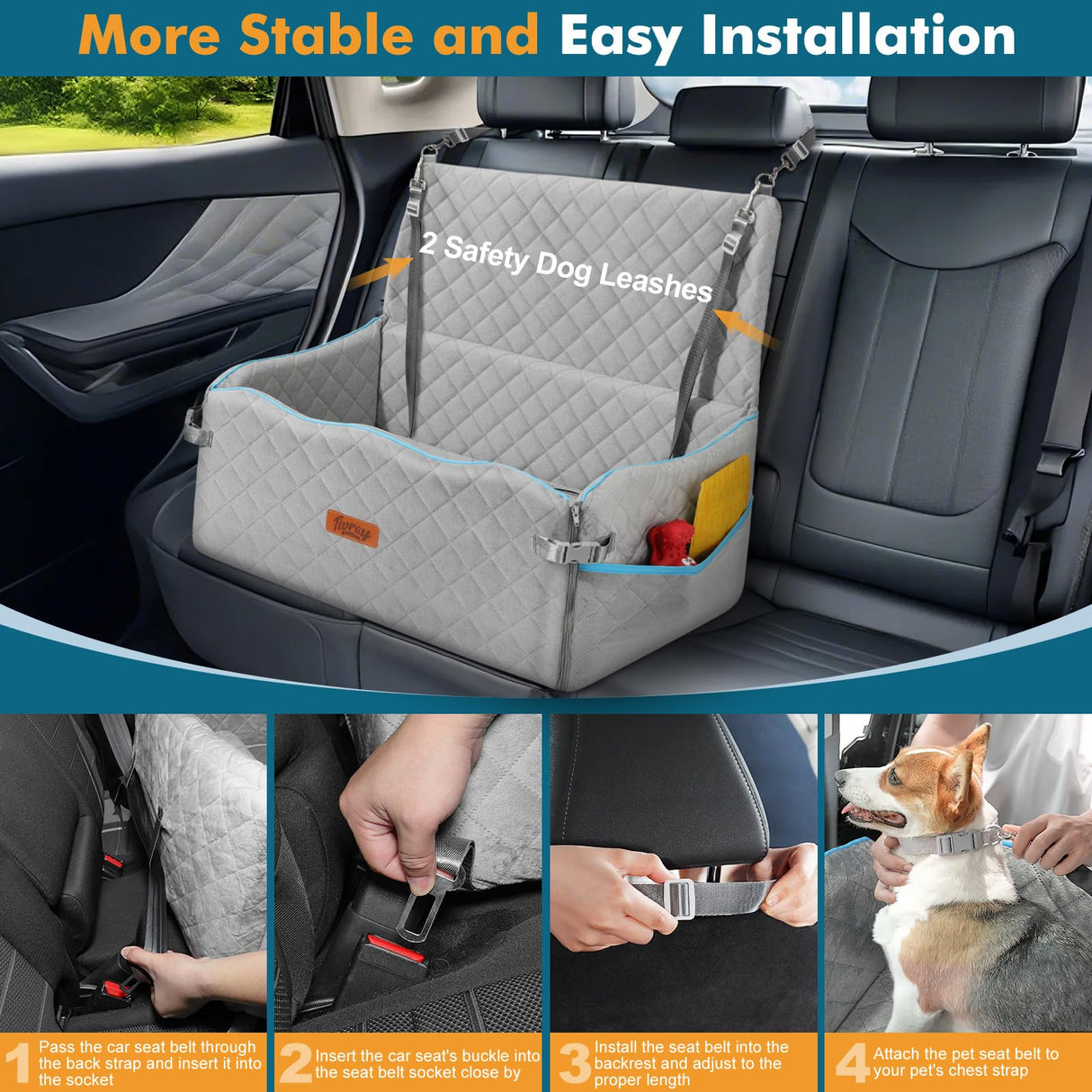 Large Dog Car Seat, Dogs Car Bed for Large Dogs Under 60 lbs or 2 Small Breeds, Comfortable Dog Booster Carseat with Memory Foam Thick Cushion, Detachable & Washable Pet Bed for Backseat, Grey