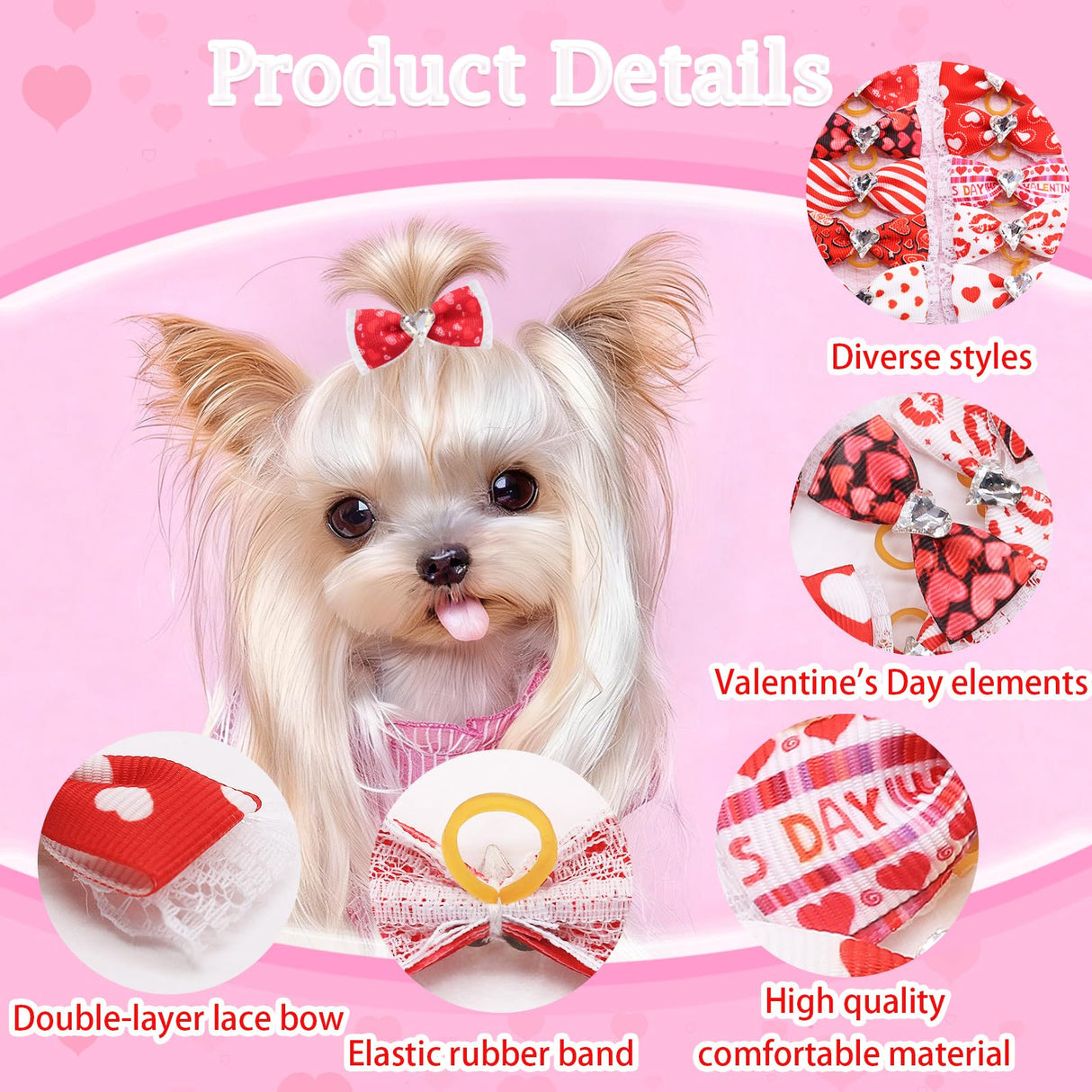 20Pcs Valentine's Day Dogs Hair Bows with Rubber Band for Small Medium Pet Curly Adorable Rhinestone Dog Bows Puppy Cat Hair Accessories Heart Pattern (for Valentine’s, Medium (2 inch)