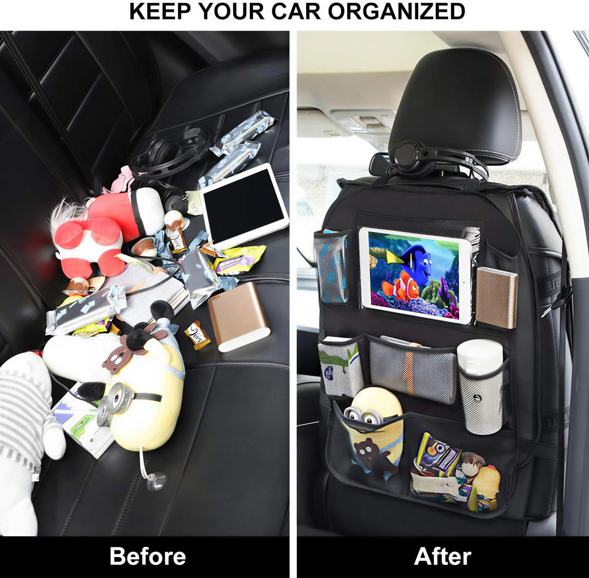 ONE PIX Backseat Car Organizer Mats Back Seat Organizers and Storage Bag with Touch Screen Tablet Holder for Kids Toddlers Seats, Travel Accessories, Road Trip Essentials (2PCS)