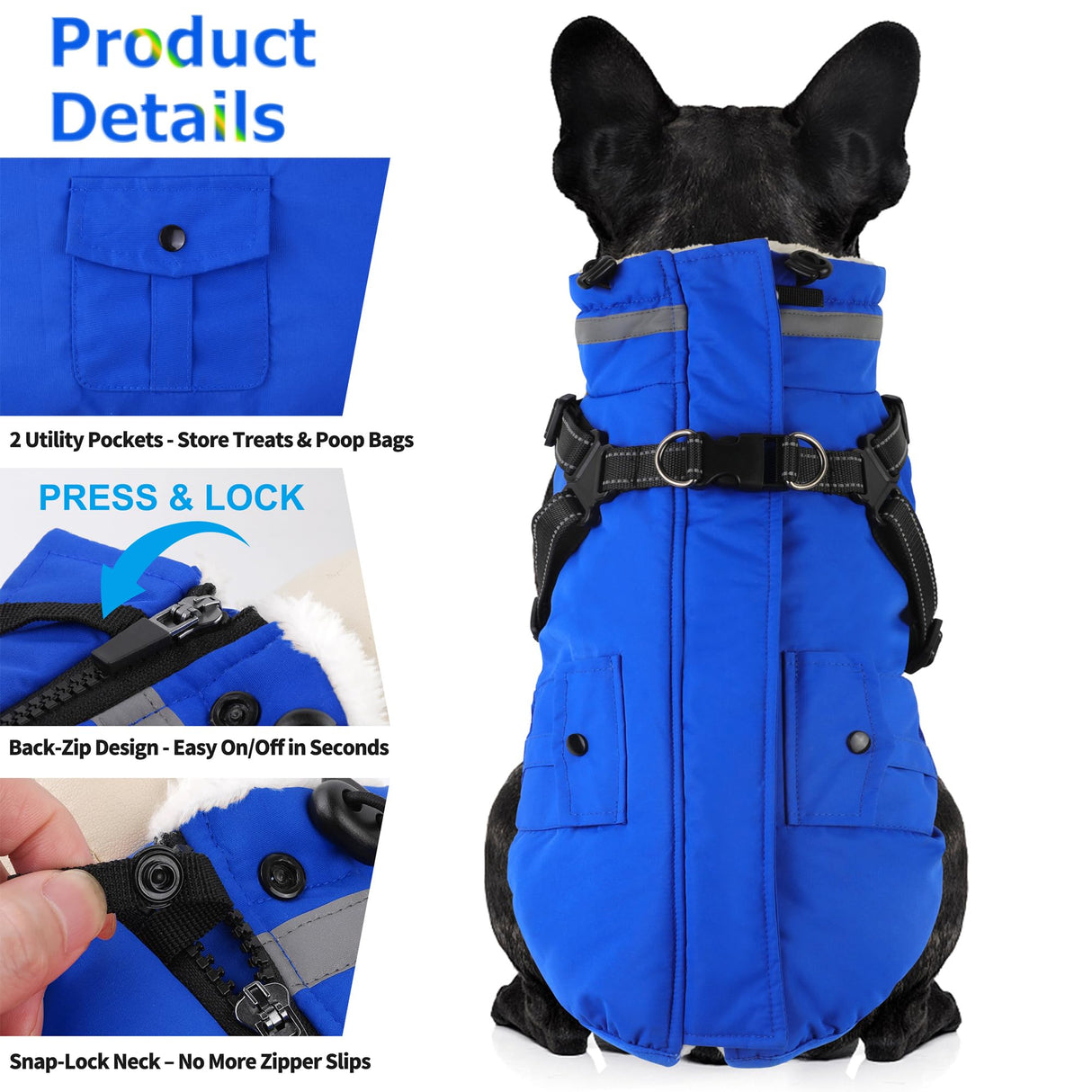 Dogcheer Dog Coat with Harness, Waterproof Warm Dog Winter Jacket with Pockets, Reflective Pet Fleece Jacket Turtleneck Snowsuit for Small Medium Large Dogs - Blue, 2XL