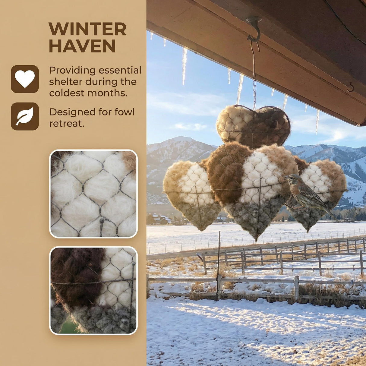 YINGBALHL Handmade Alpaca Fiber Bird Nesting Heart – Refillable Bird Haven with 2 Nesting Material Refill Bags – Eco-Friendly Hanging Nest for Hummingbirds & Wild Birds, Garden & Yard Décor (1Set)