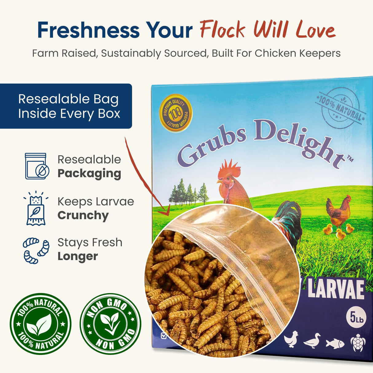 Grubs Delight 5LB Dried Black Soldier Fly Larvae for Chickens – 85x More Calcium Than Mealworms, for Chickens and Birds, 100% Natural Non-GMO Chicken Worms Treats, High Protein & Calcium Poultry Feed