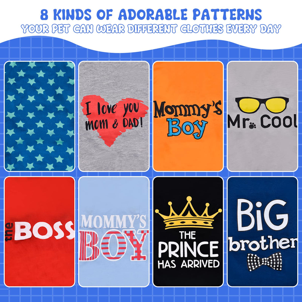 Wildox 8 Pcs Pet Shirts for Small Dogs Cats,Soft and Breathable Dog Printed Clothes with Cute Patten,Dog Sweatshirt Outfit for Chihuahuas Papillons Pomeranian (for Cool boy, Medium)