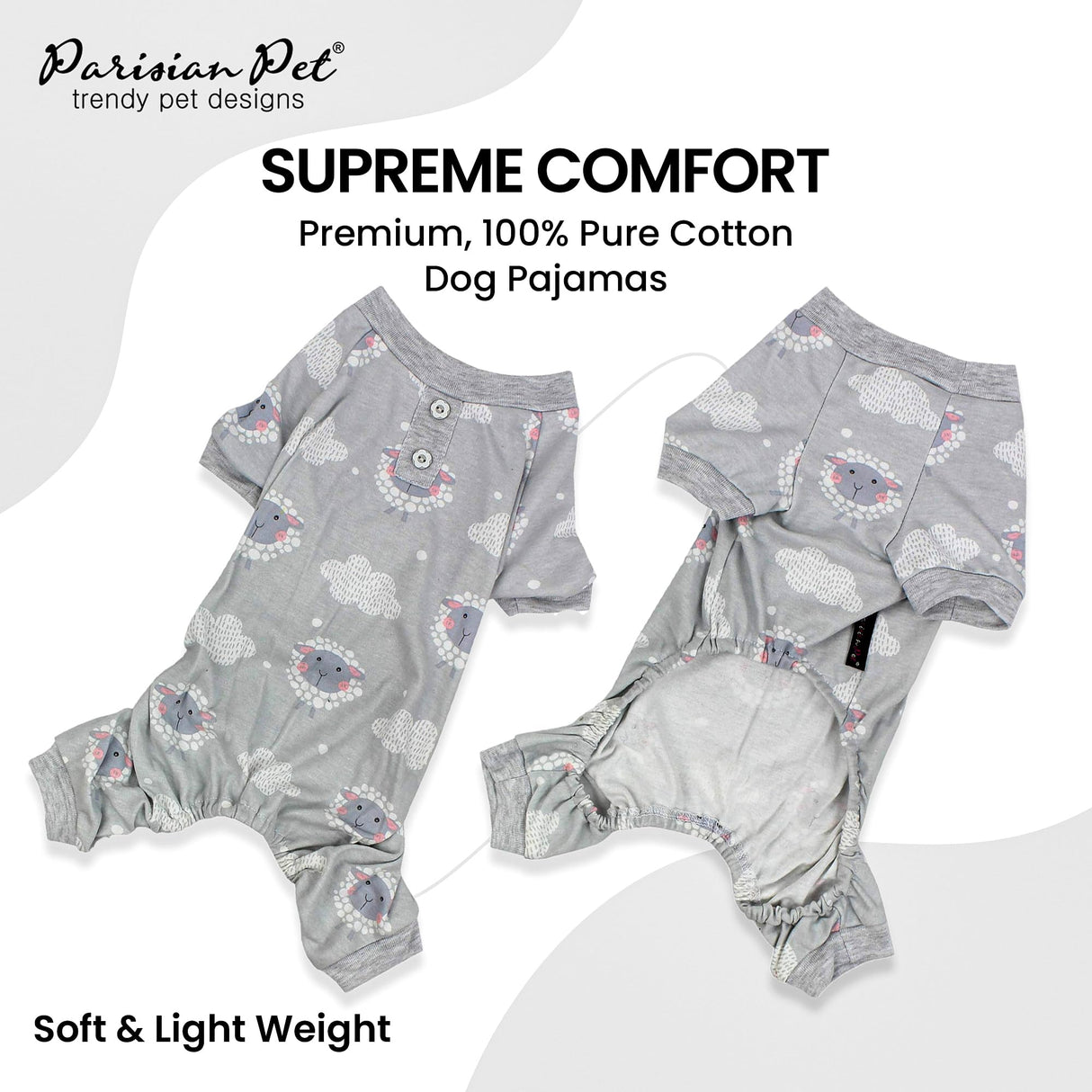 Parisian Pet Dog Pajamas – Pure Cotton Grey Sheep Dog Pjs – Stretchable Pants – Dogs Shedding Suit - Machine Washable Jammies - Puppy Body Suit – Pajamas for Large Sized Dogs - 2XL