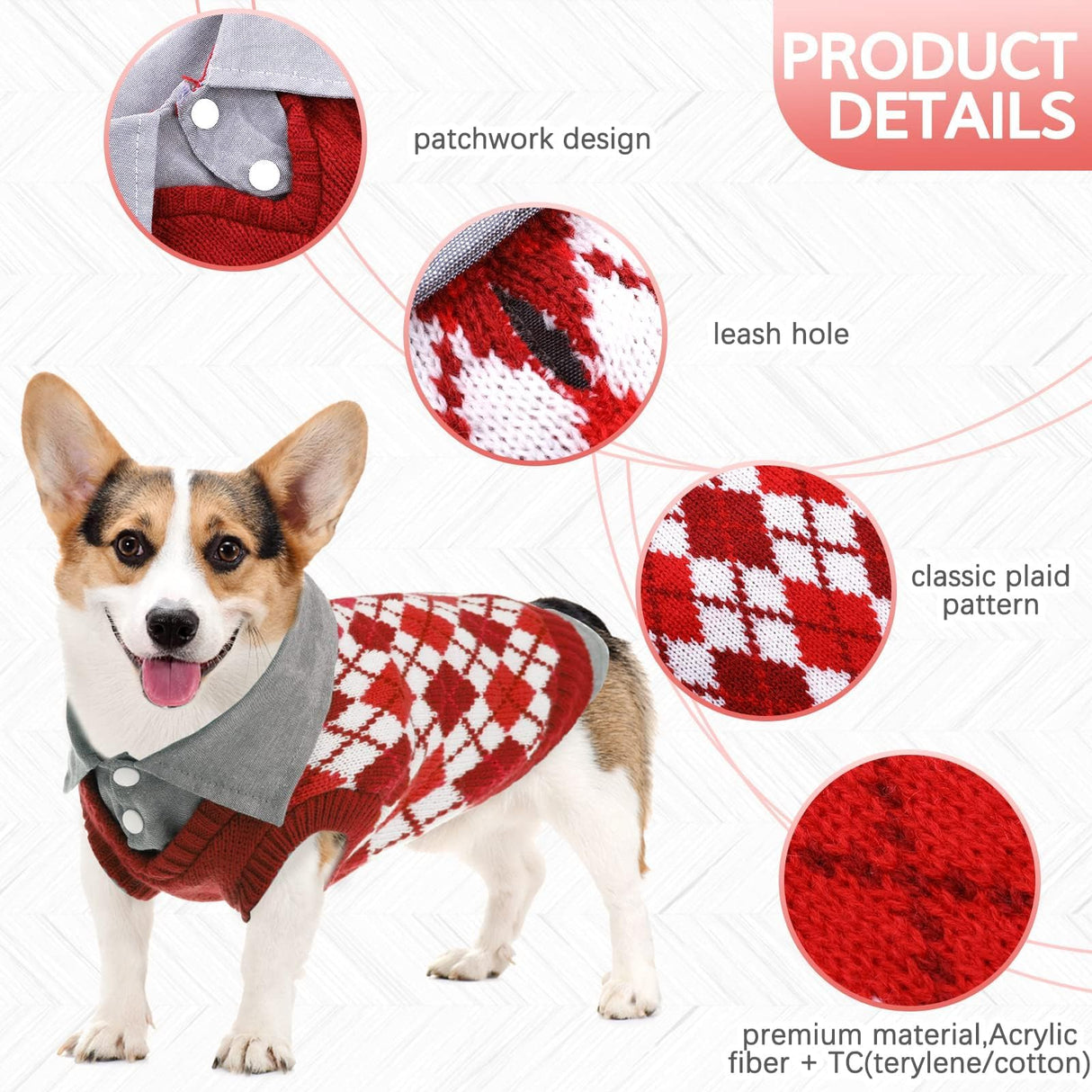 Kuoser Dog Sweater Plaid Dog Sweaters with Harness Hole, Polo Design Puppy Knitwear Fall Winter Sweater for Extra Small Dogs, Pet Cold Weather Clothes Warm Doggie Pullover Sweatshirt, Red XS