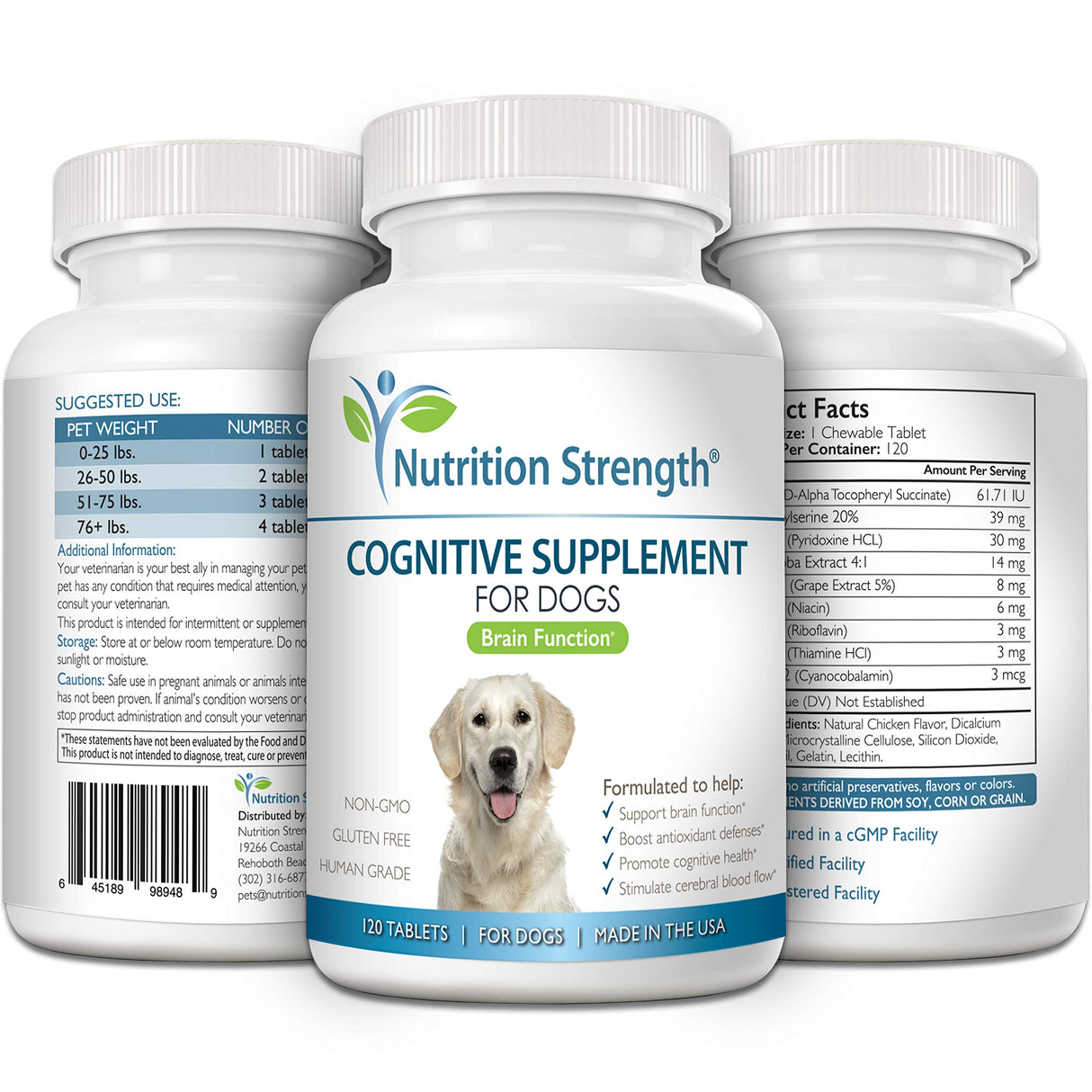 Nutrition Strength Cognitive Support for Dogs, Promotes Dog Brain Health, Mental Support Supplement for Cognitive Difficulties, 120 Chewable Tablets