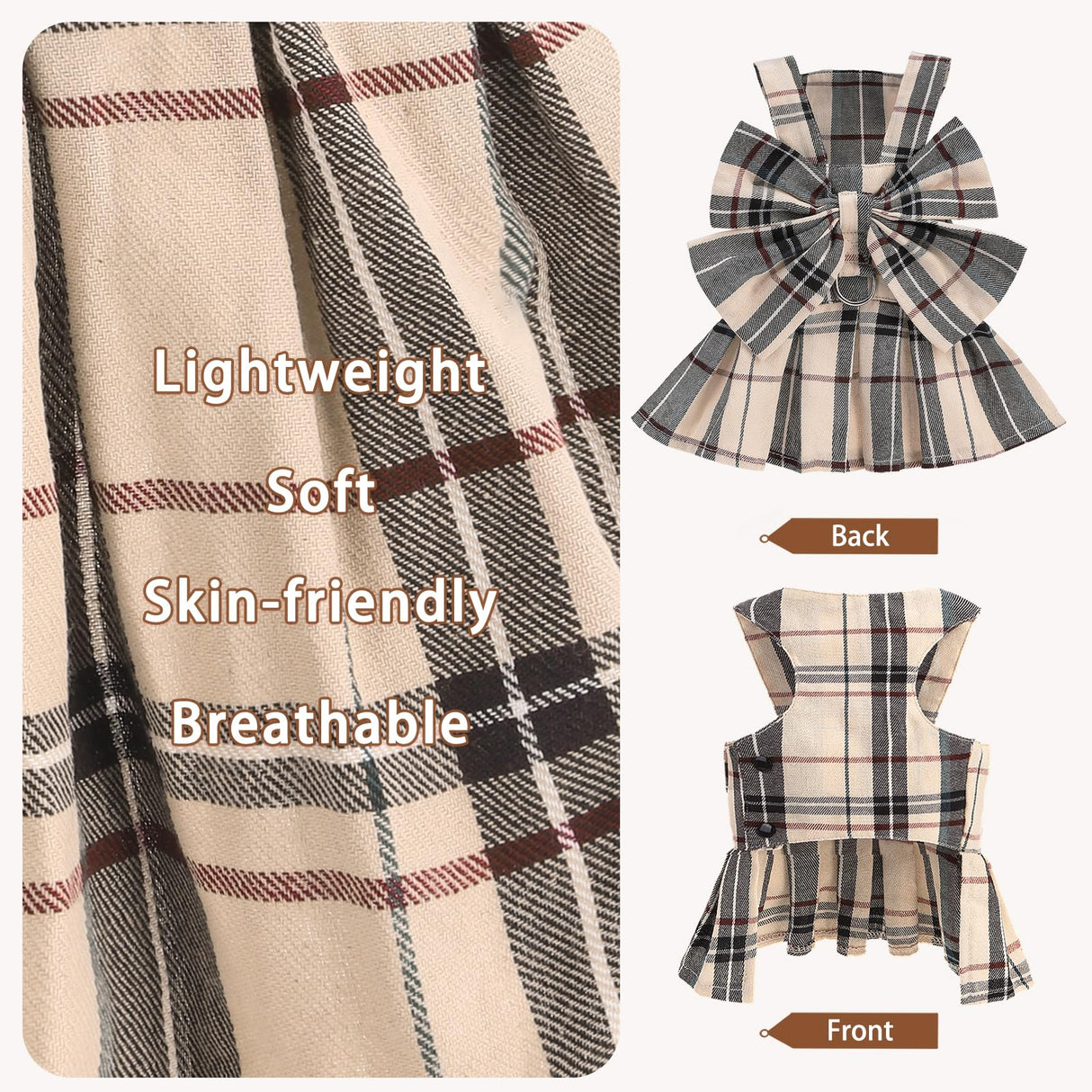 PUPTECK Plaid Dog Dress with Leash - Cute Puppy Harness Clothes for Small Medium Sized Dogs, Outfits for Girl Puppy Wedding Birthday Costume