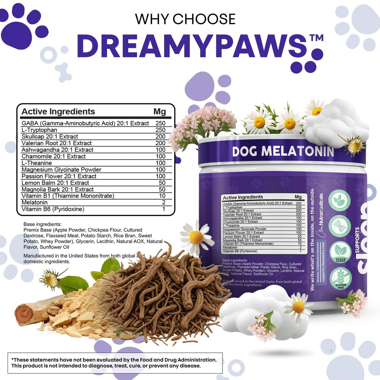 Dreamy Paws Melatonin for Dogs Dog Calming Sleep Supplement - Melatonin GABA Tryptophan Valerian Magnolia Bark Passion Flower Magnesium Ashwagandha Restful Sleep 90 Chews Beef Flavor by Clean Pets