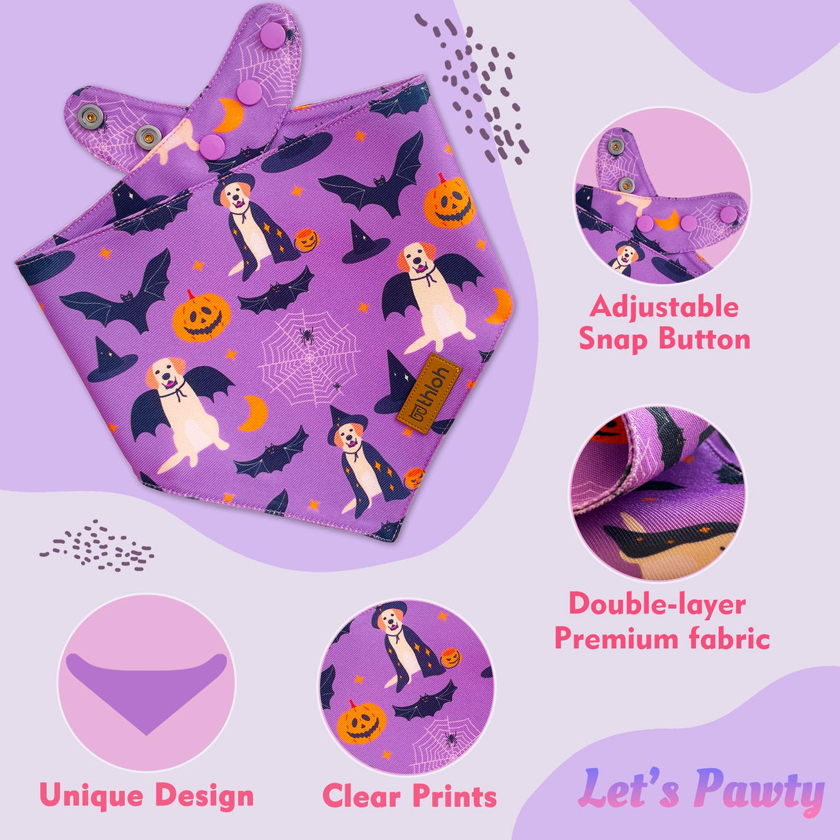 THLOH Halloween Dog Bandanas - 2 Pack Purple Dog Bandana with Snap Button | Reversible Pet Scarf for Boy & Girl | Premium Durable Fabric | Holiday Bandana for Large and Extra Large Dogs (X-Large)