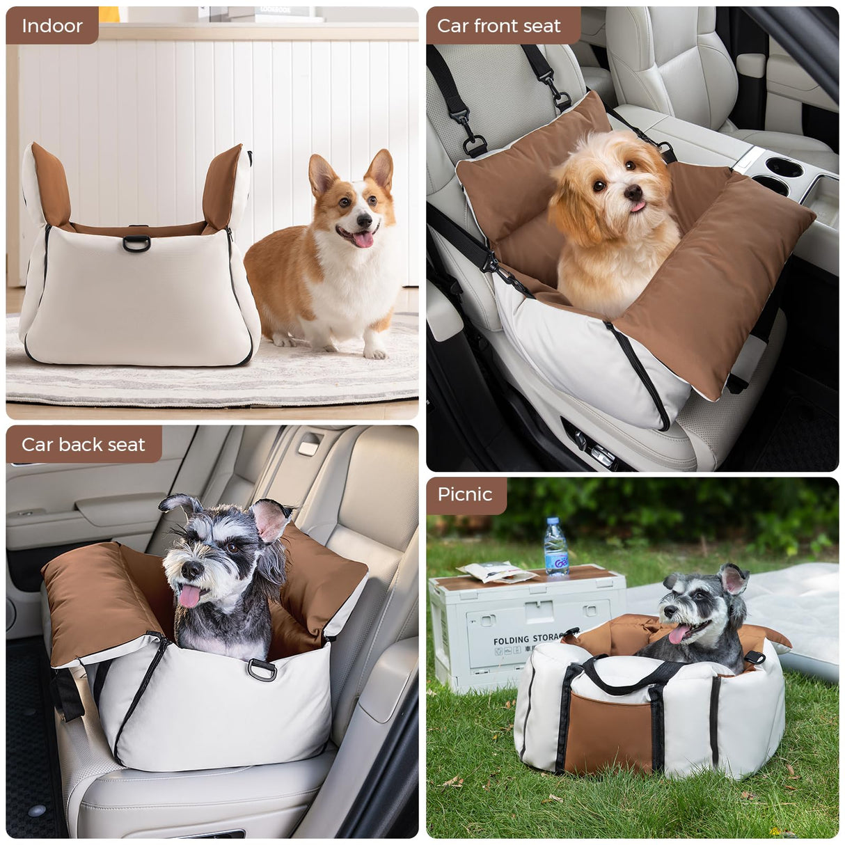 BEBAS Dog Car Seats for Small Dogs up to 25 lbs, Waterproof Dog Booster Carseat with Storage Pockets, Thickened Memory Foam & Clip-On Safety Leash, Pet Back Seat Puppy Travel Carrier, Beige