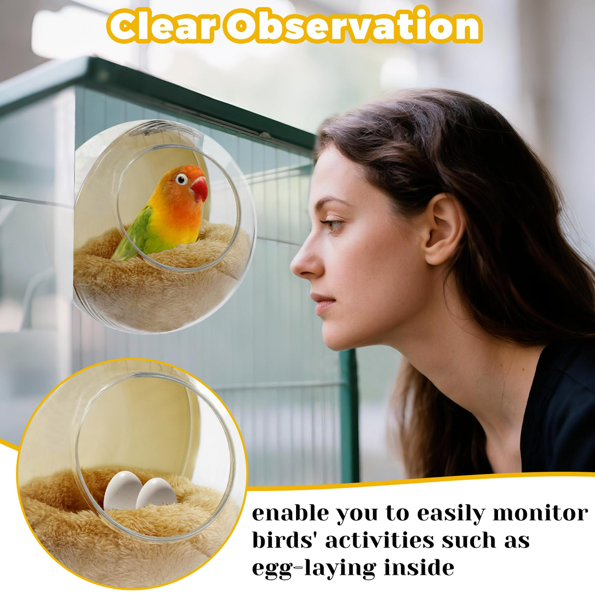Jevnd Bird Nest for Cage Bite-Resistant, Washable Clear Observation Small Bird House Hanging, Warm Birds Bed Plush Hut, Parakeet Nest to Lay Eggs Breeding Sleeping for Parrot Budgie Lovebird Canary