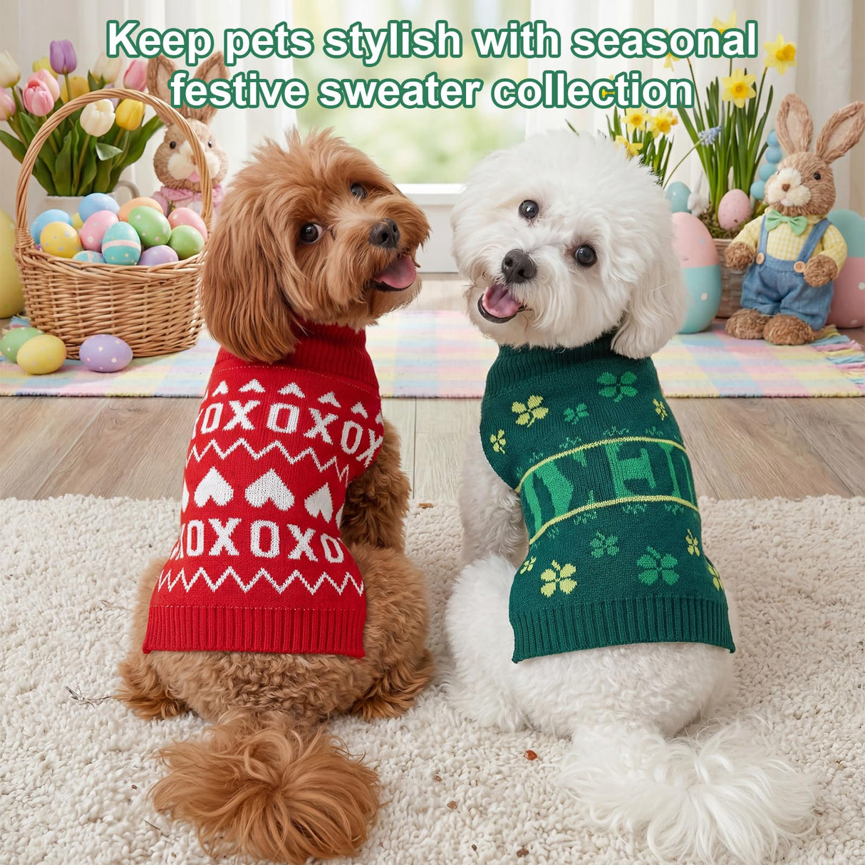 Sunnymove 4 Pack St. Patrick's Dog Sweater Dog Shamrock Outfit Small Cat Knit Sweaters, Seasonal Pet Clothes for St. Patrick's Day, Easter, Spring(Medium)