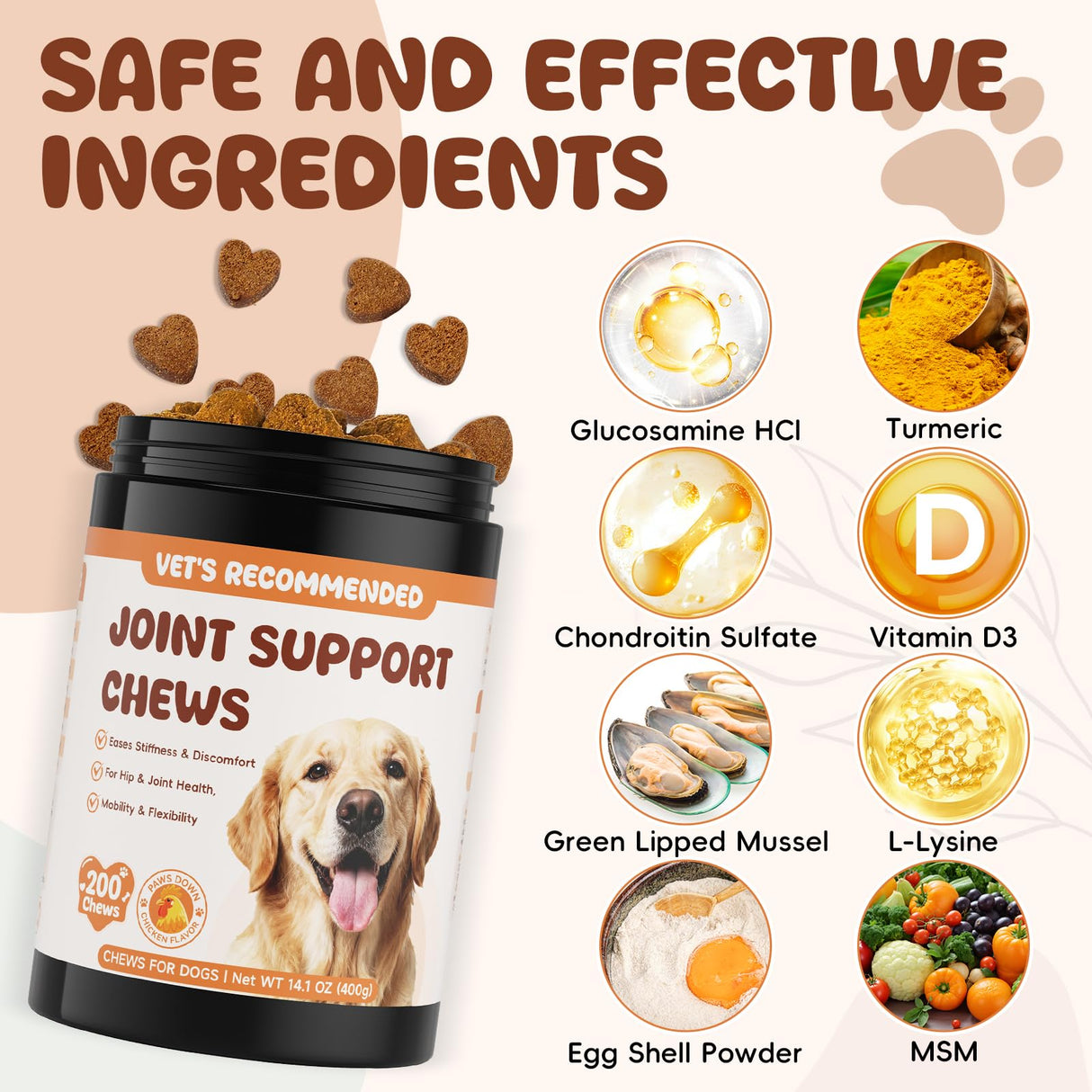 Glucosamine for Dogs Hip and Joint Supplement 200 PCS Glucosamine Chondroitin MSM for Dogs Hip & Joint Pain Relief Mobility Support for All Small Medium Large Breeds Chicken Flavor