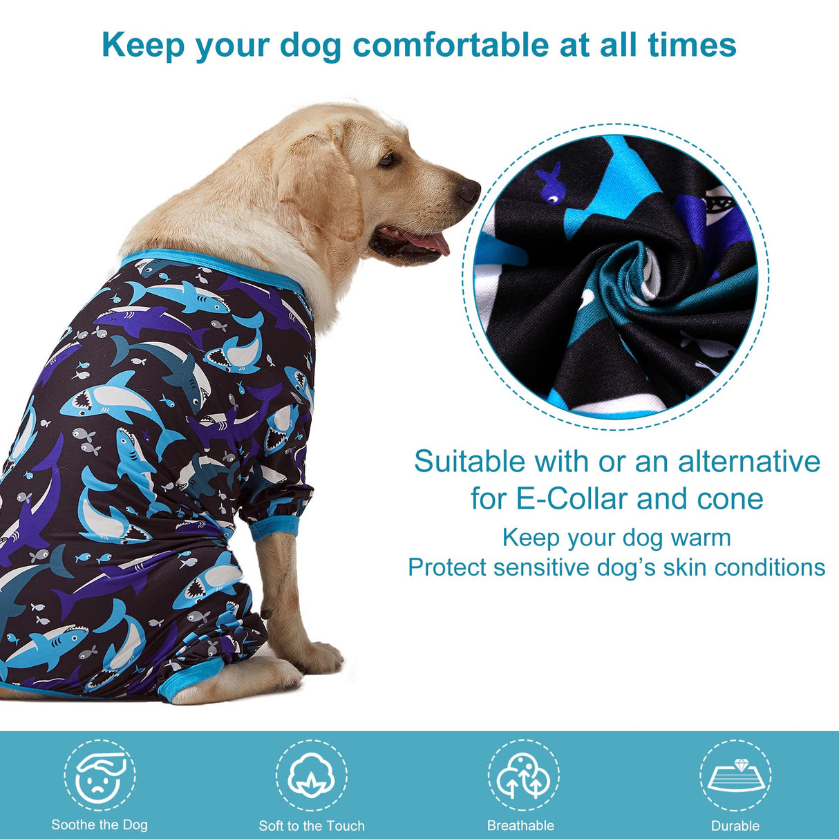 LovinPet Dog Onesies - Pet Anxiety Relief, Anti-Shedding Dog Pajamas, Lightweight Stretchy Fabric, Whale Hello There White Print, Large Dog Pjs, Pitbull Clothes All Season/Large