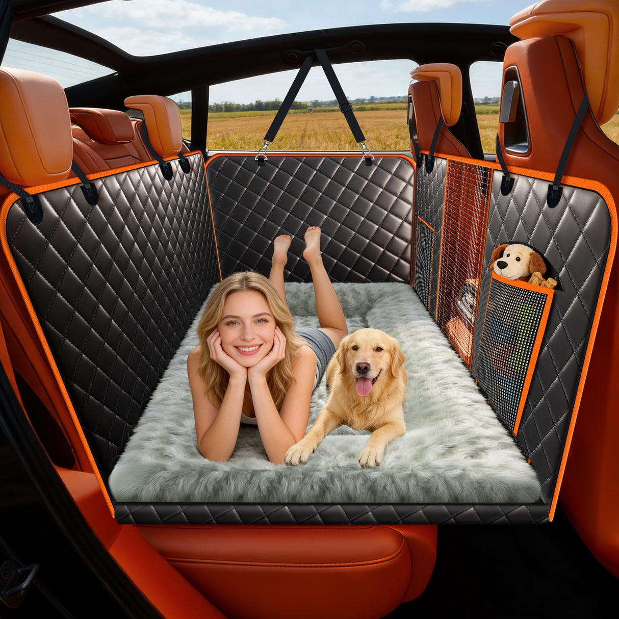 TNELTUEB Extra Large Back Seat Extender for Dogs with Dog Bed Mats, Waterproof Dog Car Seat Cover for Back Seat with Hard Bottom, Anti Scratch, Safer, Easy to Use and Clean, Holds 450LBS Black