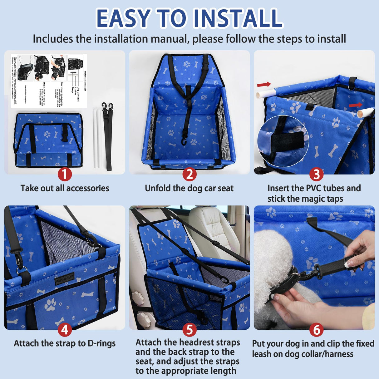 PetsHome Dog Car Seat Foldable Dog Car Booster Seat Waterproof Breathable Oxford Travel Bag for Small to Medium Dogs, Puppies, and Pets-Pattern Blue