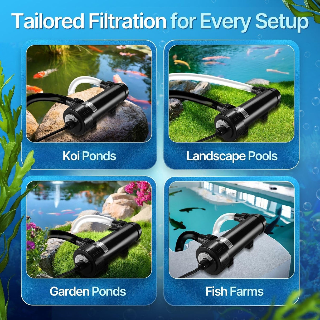 Flexzion Pond UV Lights for Outdoor Ponds - 9W Small Light, 2113-Gal Capacity, 1500L/H UV Pond Clarifier for Outdoor Ponds, Clears Water in Days (CUV-109A)