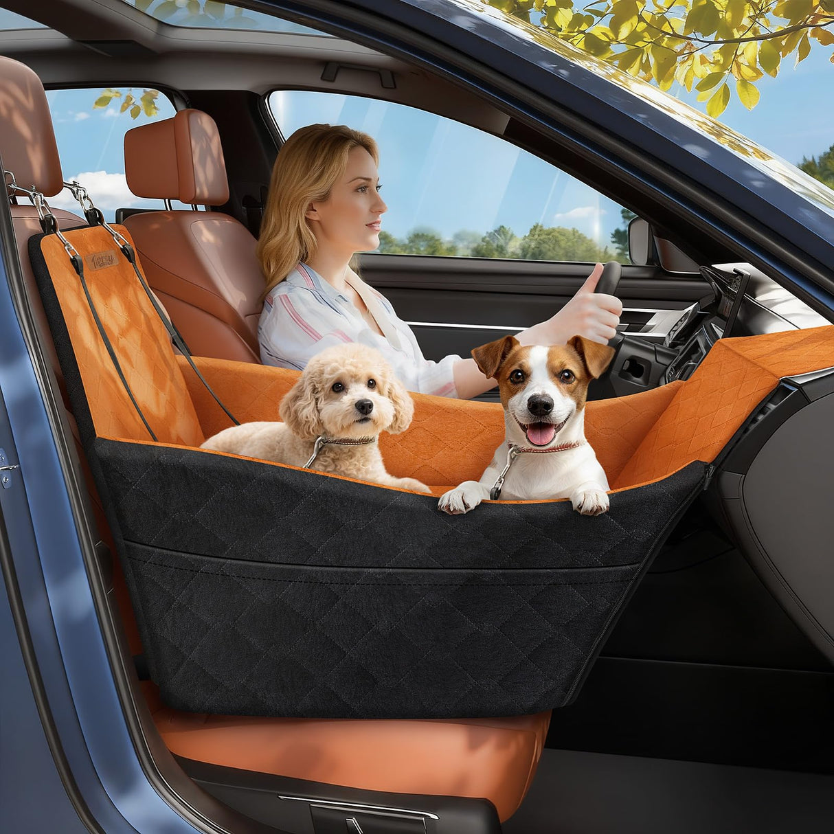 Tivray Elevated Dog Car Seat, Dog Booster Car Seats for Small & Medium Breeds Up to 35lbs, Fully Detachable and Washable, Memory Foam Pet Carseat with 2 Storage Pockets & 3 Safety Belts, Black + Brown