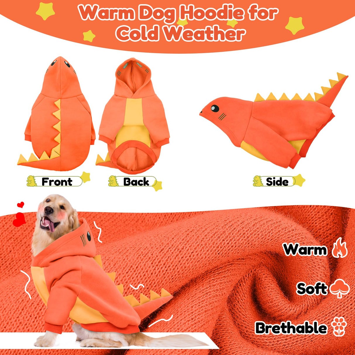 Lelepet Dinosaur Costume - Small Dog Halloween Costume, Warm Fleece Hoodie for Small Dogs, Thick Sweatshirt, French Bulldog, Beagle, Lab, Dachshund, Greyhound, Pitbull, Orange (XS-2XL