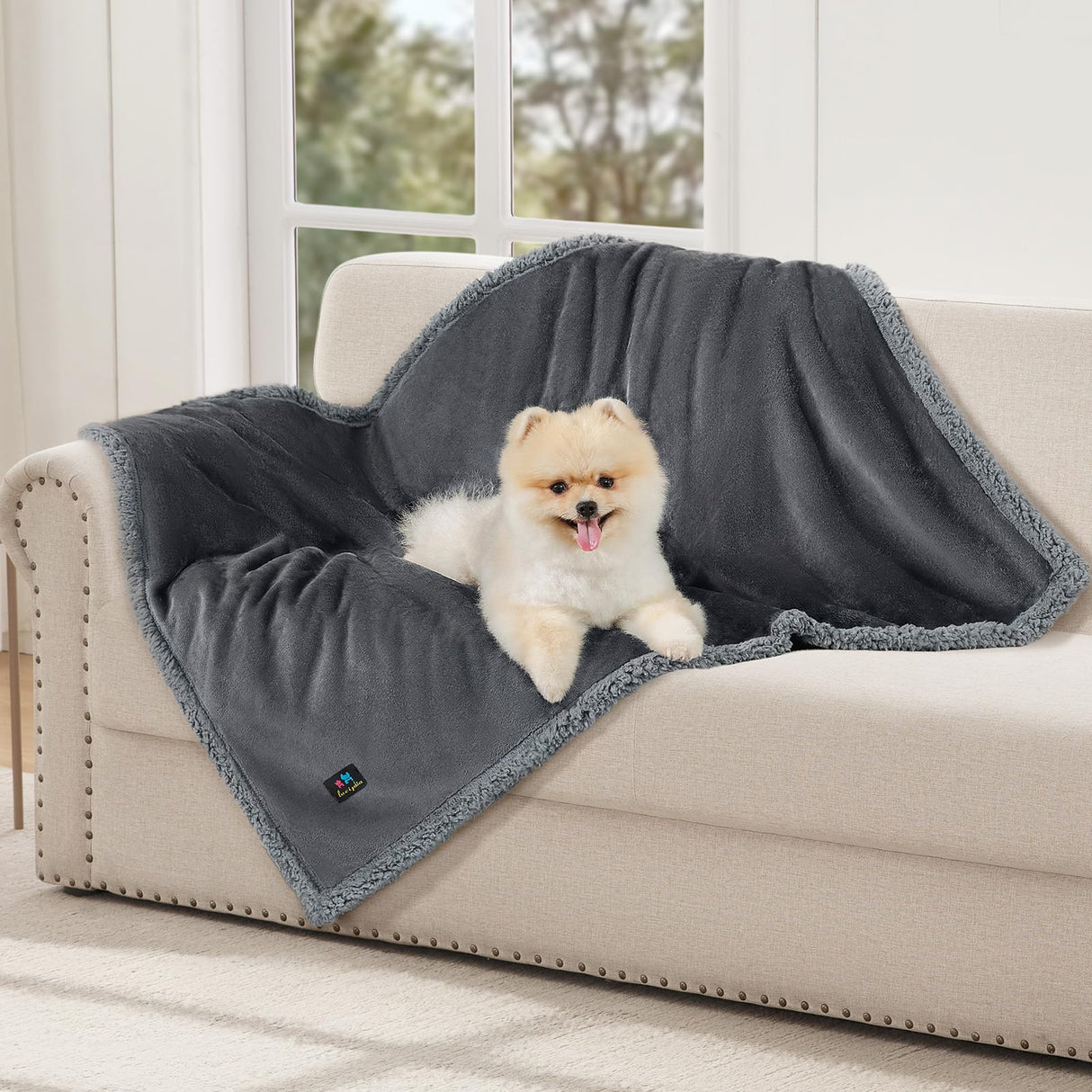 Luciphia Waterproof Bed Blanket Washable, Soft Sherpa Fleece Puppy Reversible Throw Blankets for Medium Large Dog Cat, Furniture Cover Protector Couch from Liquid Pee and Pet Fur, Light Grey,85" x 57"