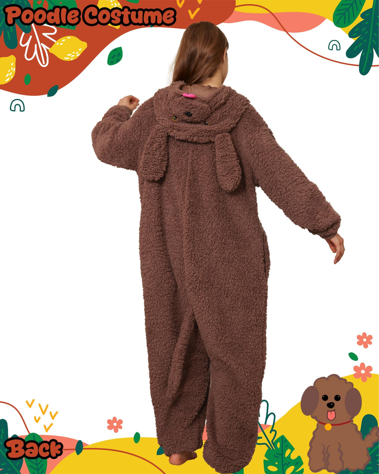 Hrxcrzco Unisex Poodle Dog Onesie Pajamas Cute Puppy Dog Costume Adult Halloween Animal Cosplay Costume Sleepwear Homewear, Dark Brown L