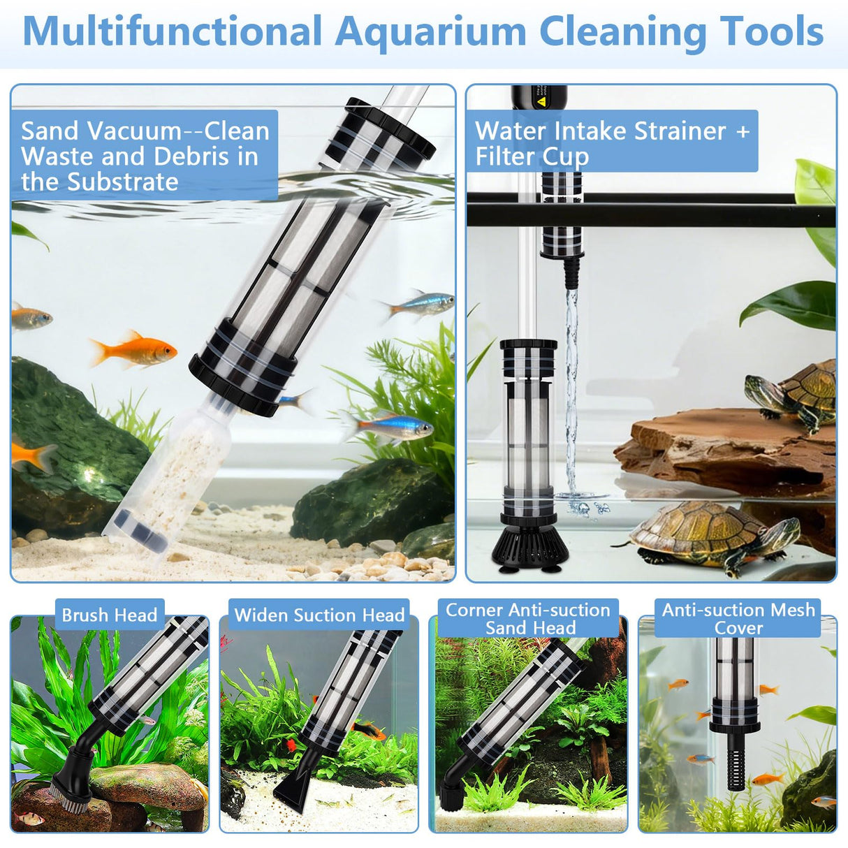 AQQA Upgraded DC 18W Electric Aquarium Vacuum Gravel Cleaner, Anti-Clog Pre-Filter Design, 7-in-1 Multifunctional Fish Tank Cleaning Kit for Dirt Removal, Water Change, Sand Washing, Turtle Shower