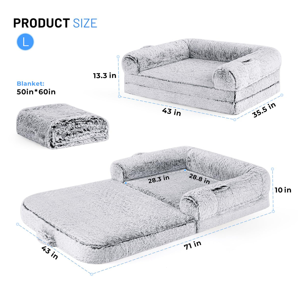 ZOMISIA Human Dog Bed for Adult, 2 in 1 Foldable Giant Dog Bed for People Fits Pet Families, Egg Foam Supportive Mat, Waterproof Liner, Faux Fur Human Size Pet Bed with Blanket, 71"x43"x10", Grey