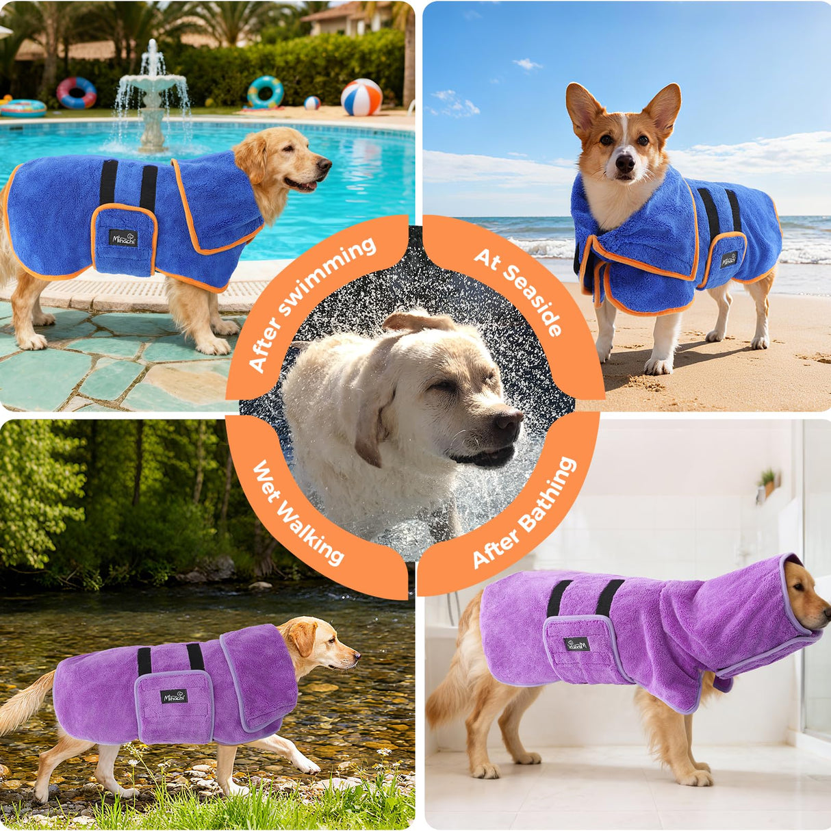 Mihachi Dog Bathrobe Towel Wrap Fast Drying with Drying Gloves Set, Super Absorbent Coral Fleece Dog Drying Coat Bath Robe for Puppy, Medium & Large Dogs, Adjustable Collar & Belly Strap, Purple XL