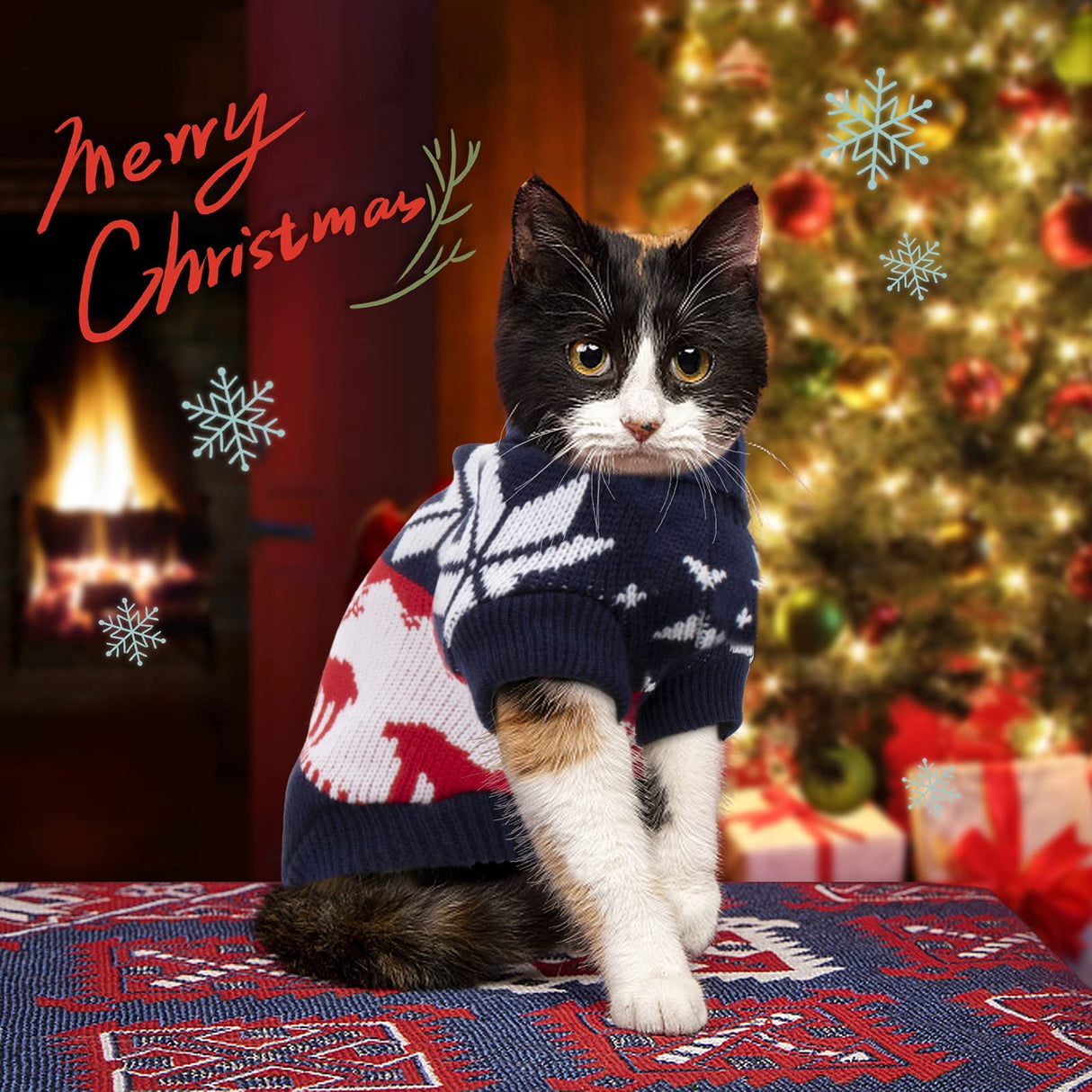 Rypet 2 Packs Cat Christmas Sweater - Puppy Christmas Sweater Pet Turtleneck Knitwear with Reindeer Santa Claus Pattern Sweaters for Kitten and Small Dogs XL