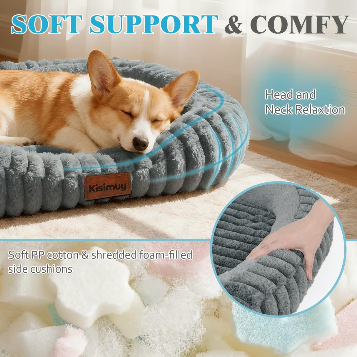 KISIMUY Cute Dog Bed for Small & Medium Dogs - Calming Orthopedic Rectangle Dog Bed with Reversible Cushion and Removable Cover, Washable Soft Pet Kennel Bed with Handle, 30x24x4Inches, Warm Grey