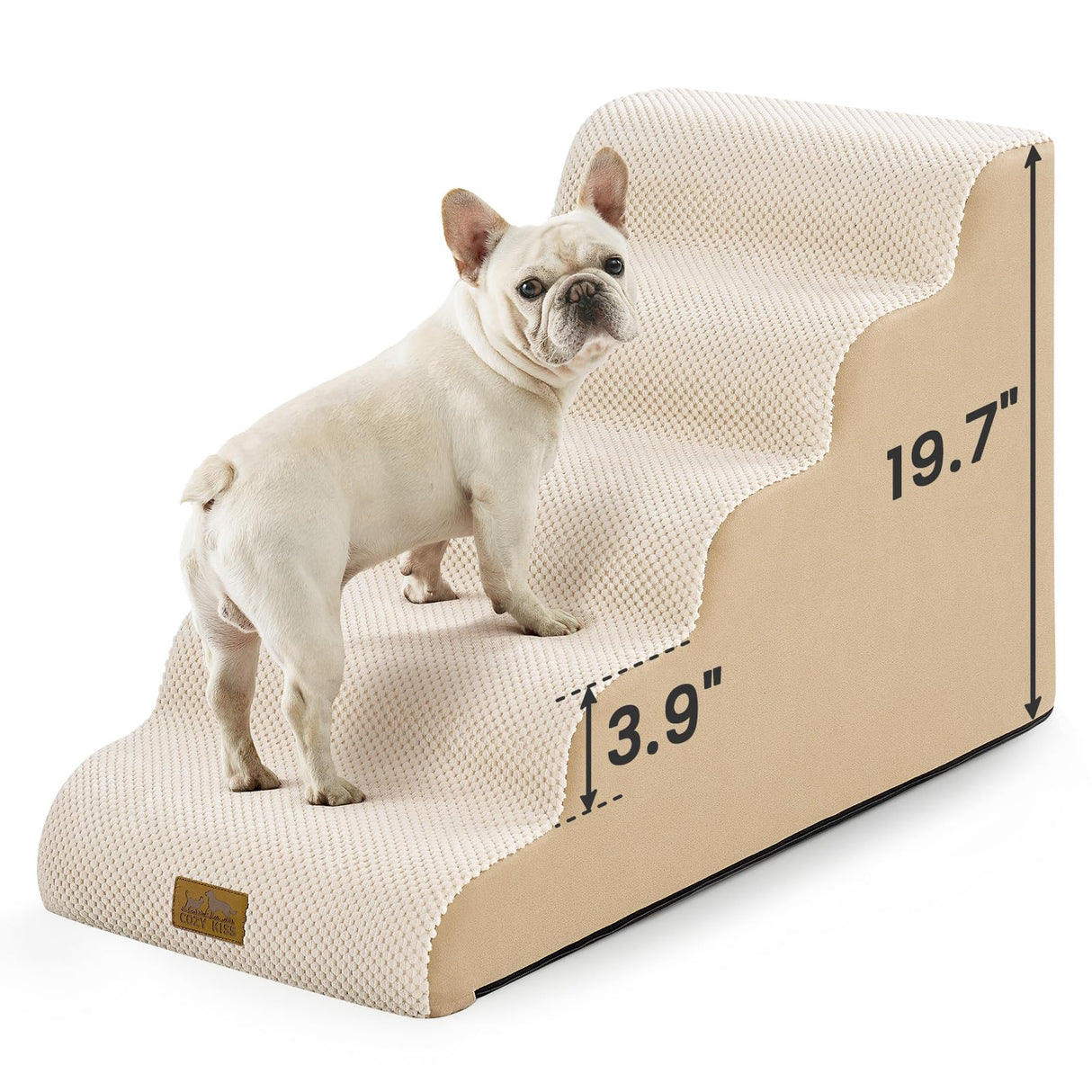 COZY KISS Dog Stairs for Small Dogs 19.7"H, 5-Step Sturdy Foam Dog Steps for Couch, Bed or Sofa, Curved Pet Stairs for Puppy and Older Cat, Doggie Ladder with Washable Cover, 15.7x33x19.7 inch, Beige