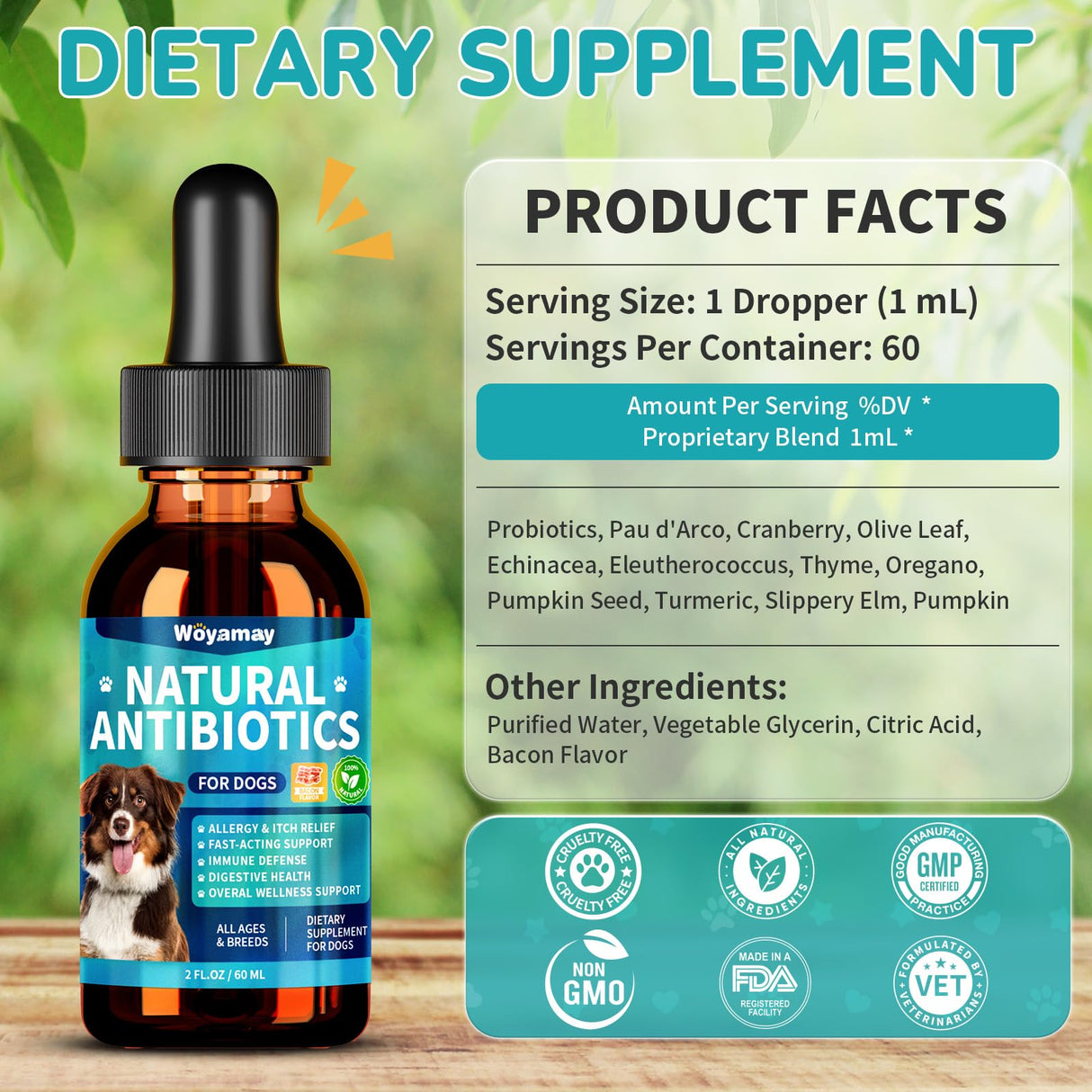 Woyamay Antibiotics for Dogs | Natural Dog Antibiotics for Allergy Relief, Itch Relief, Coughs, Skin Health, Breath Treatment, Digestion | Herbal Supplement to Care for Ears, Eyes & Coat, 2 Fl Oz