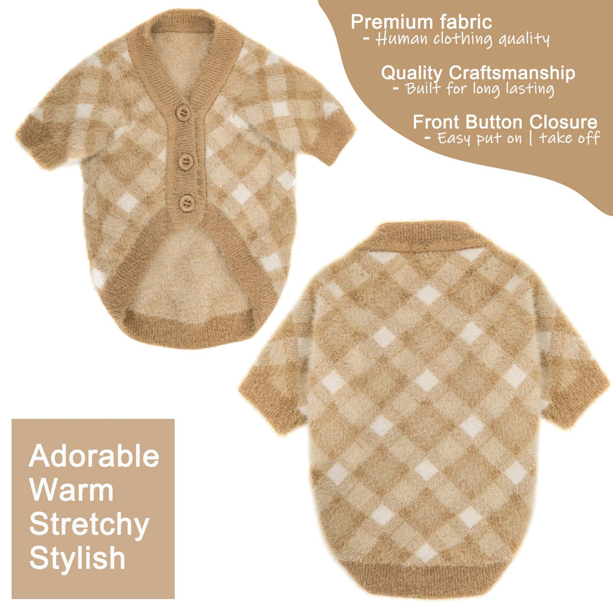 Algudbilt Small Dog Sweater - Winter Clothes for Dogs & Cats, Warm Knitwear Jacket, Winter Deluxe Coats for Puppies & Kittens, Doggy Costume XXS XS, Pet Apparel (Camel, X-Small)