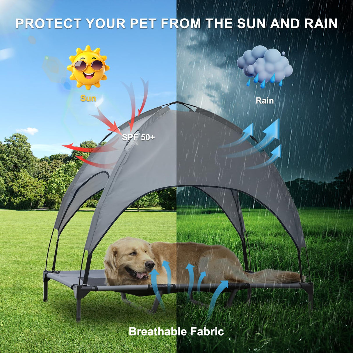Elevated Dog Bed with Canopy, 48-inch Waterproof Pet Cot, Portable Outdoor Pet Bed with Carry Bag, Indoor/Outdoor Cooling Canopy Dog Tent for Large Dogs (Gray)