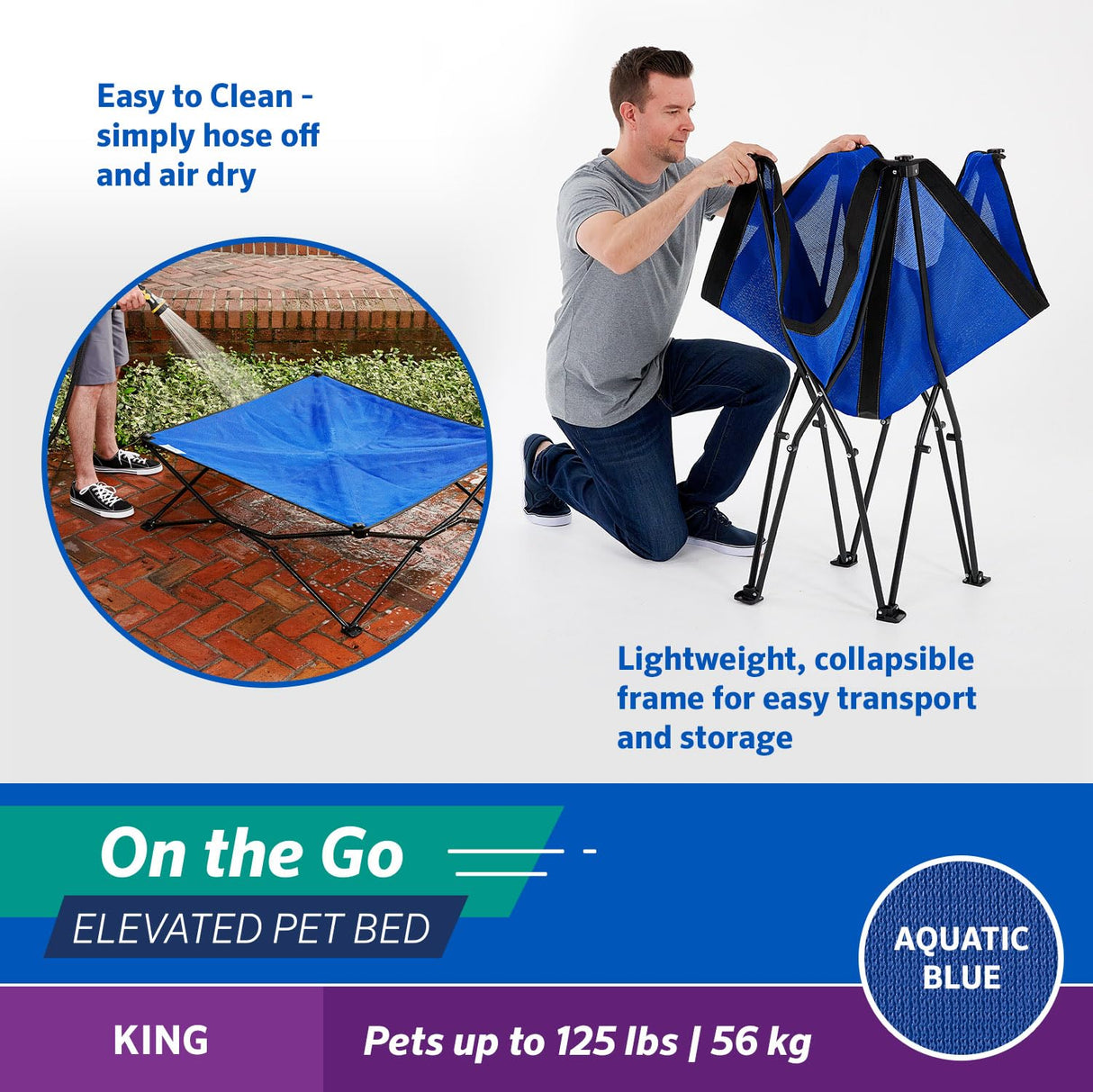 Coolaroo On-The-Go Elevated Dog Bed - Foldable Pop-Up Travel Dog Bed with Breathable, Moisture-Resistant Fabric, Carry Bag Included, Lightweight & Portable, Aquatic Blue, Extra Large